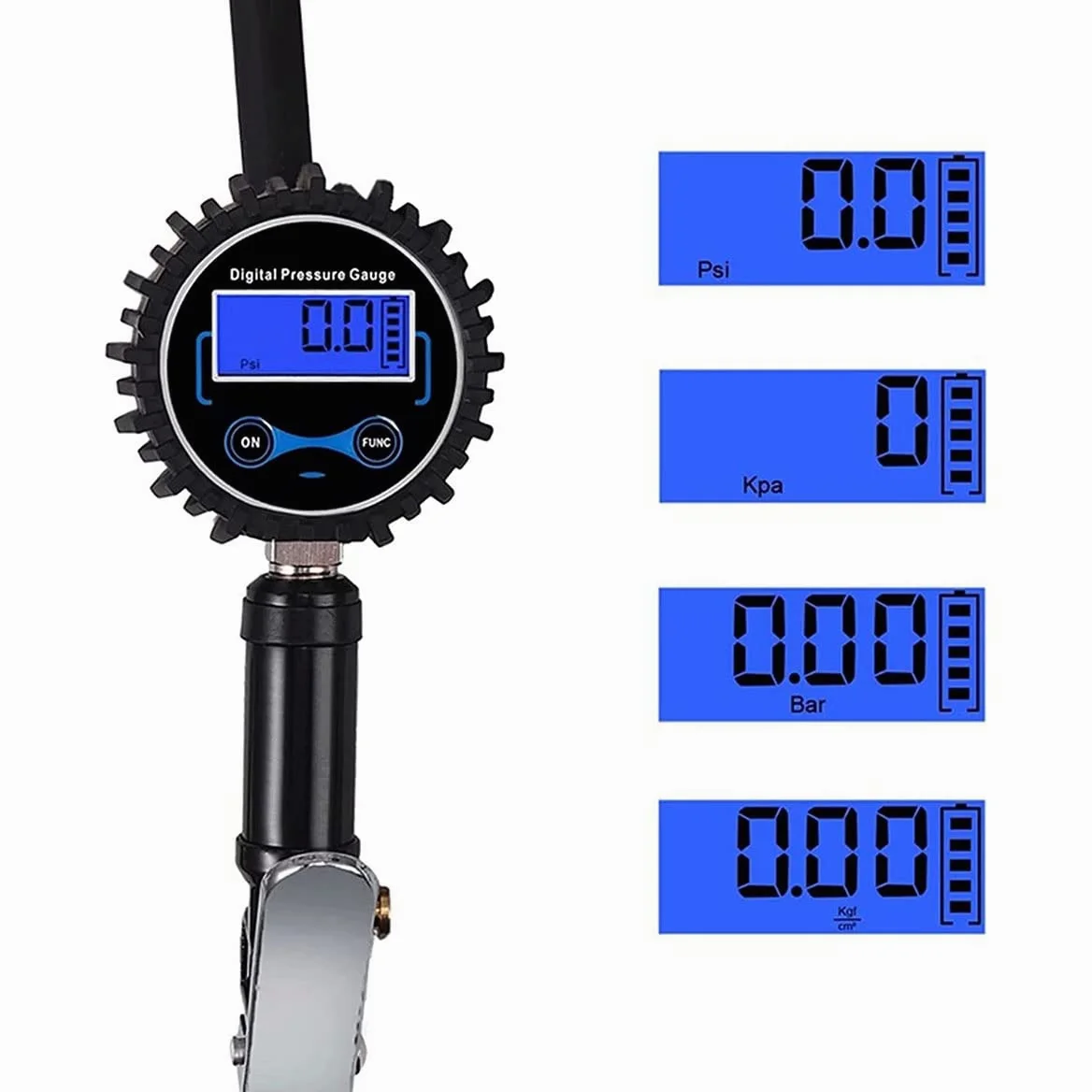Inflador de neumáticos Digital 0-200PSI con manómetro con 4 Tapas de válvula Indicador de inflado de neumáticos de Acero con Manguera de Goma