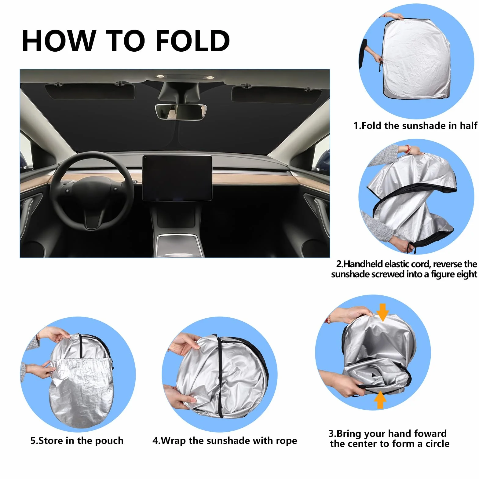 ZATOOTO Parasol Coche Delantero para Tesla Model Y Model 3, Protección Solar para Parabrisas, Cubierta Parabrisas para Bloques de Verano UV, Visera para Coche, Plegable, 132x92 cm