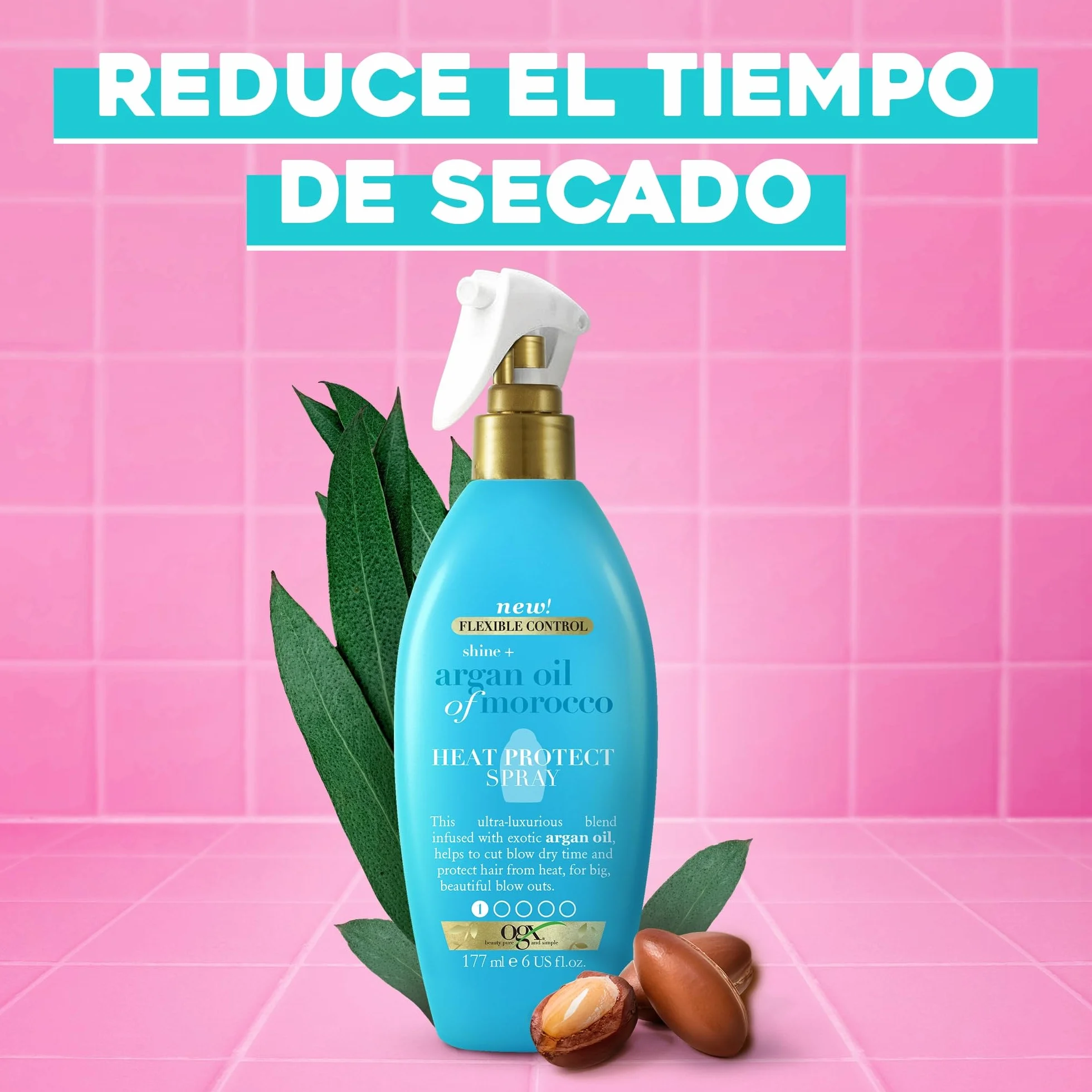 OGX Shine + Argan Oil of Morocco Spray Heat Protect 177 ml protector térmico para el pelo hasta 230 °C