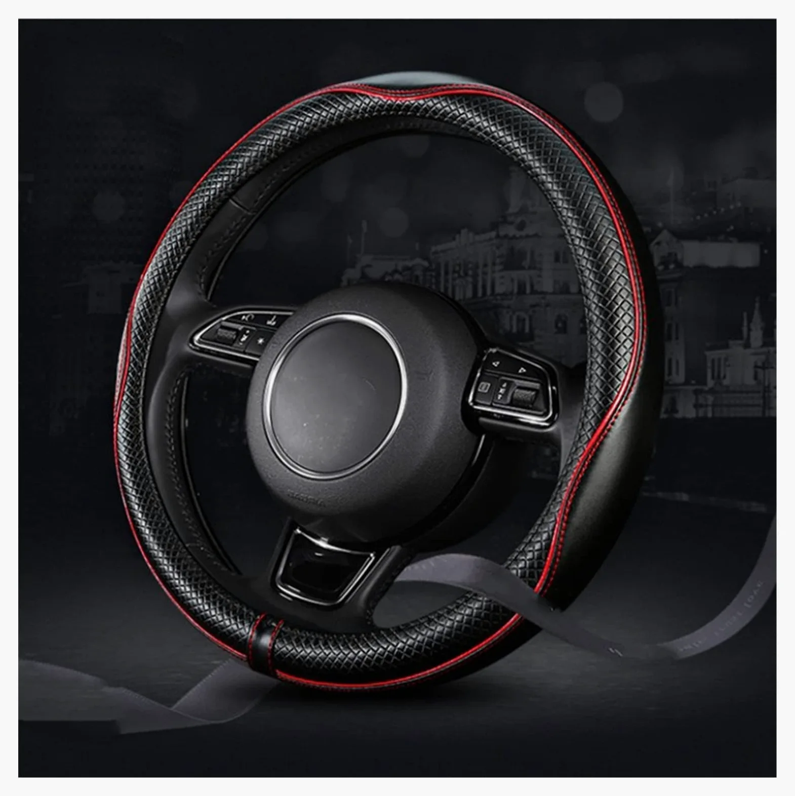 BIZZOO Funda Volante Funda Volante Cuero En Relieve para Accesorios Interior Automóvil Funda Protección Mango Universal Cuero Genuino 38CM Cubierta Volante (Color : Black and Blue)