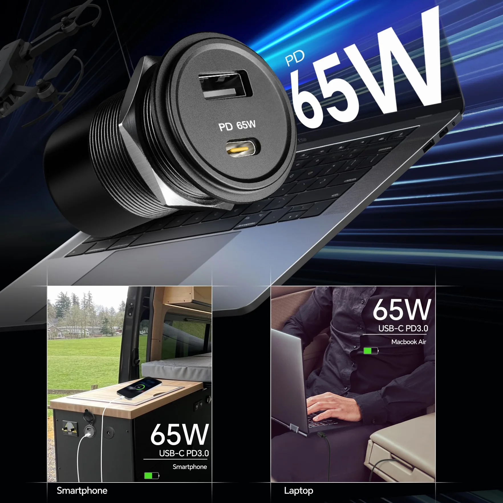 acegoo Toma USB 12V 65W PD3.0 y QC3.0 18W, Camper Aluminio Impermeable Enchufe, Computadoras Portátiles Cargador de Coche, Carga Rápida Empotrable para Autocaravana Barco Marino ATV Golf, 2 Piezas