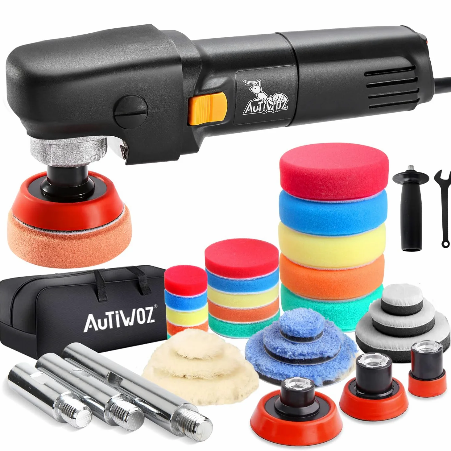 AUTIWOZ Mini pulidor Buffer Pulidora Auto Detalle con 27 unids Detalle Pulido Pad Mix Tamaño Kit Buffing Pad y 75mm, 100Mm, 140mm M14 alambre extensión eje