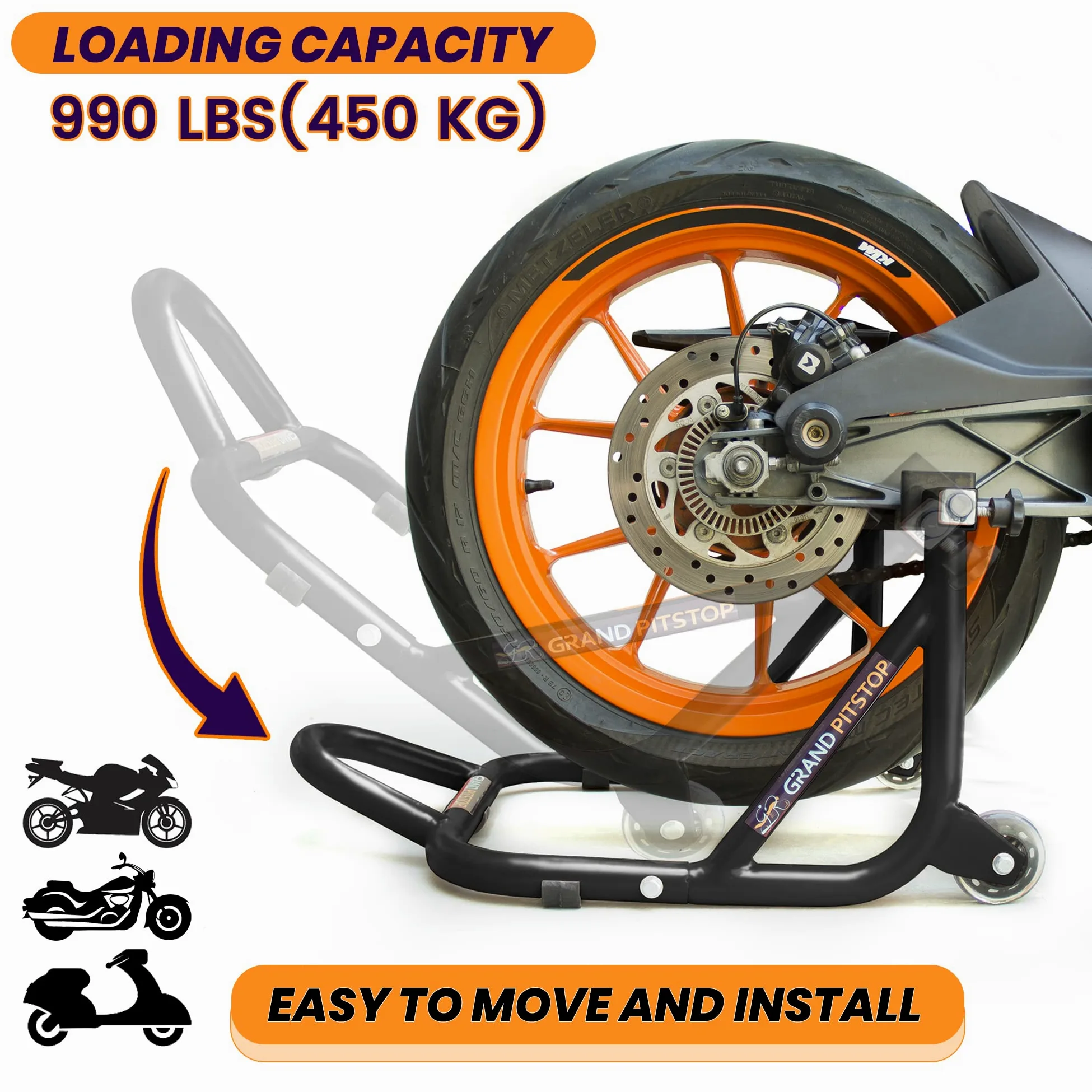 GRAND PITSTOP Motorcycle Stand, Paddock Lift Stand for Rear Wheel with Fork & Swingarm Spool,Weight capicity 990Lbs & 450 Kg's, Dismantable Stand, for Yamaha Honda Kawasaki Suzuki Motorcycles, Black