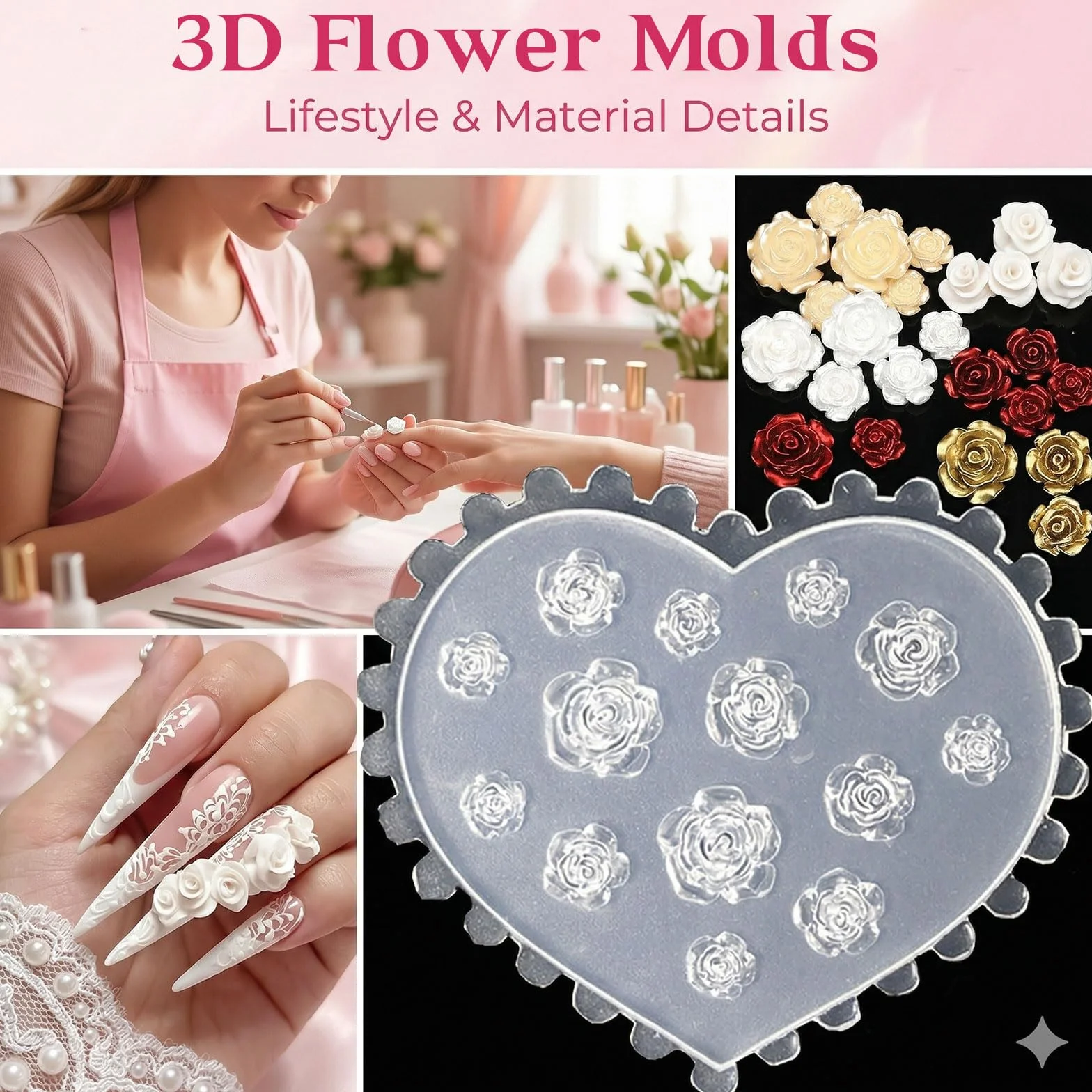 Forma De Silicona Para Uñas 3D Con Pétalos De Rosas Plantilla Floral En Forma De Corazón