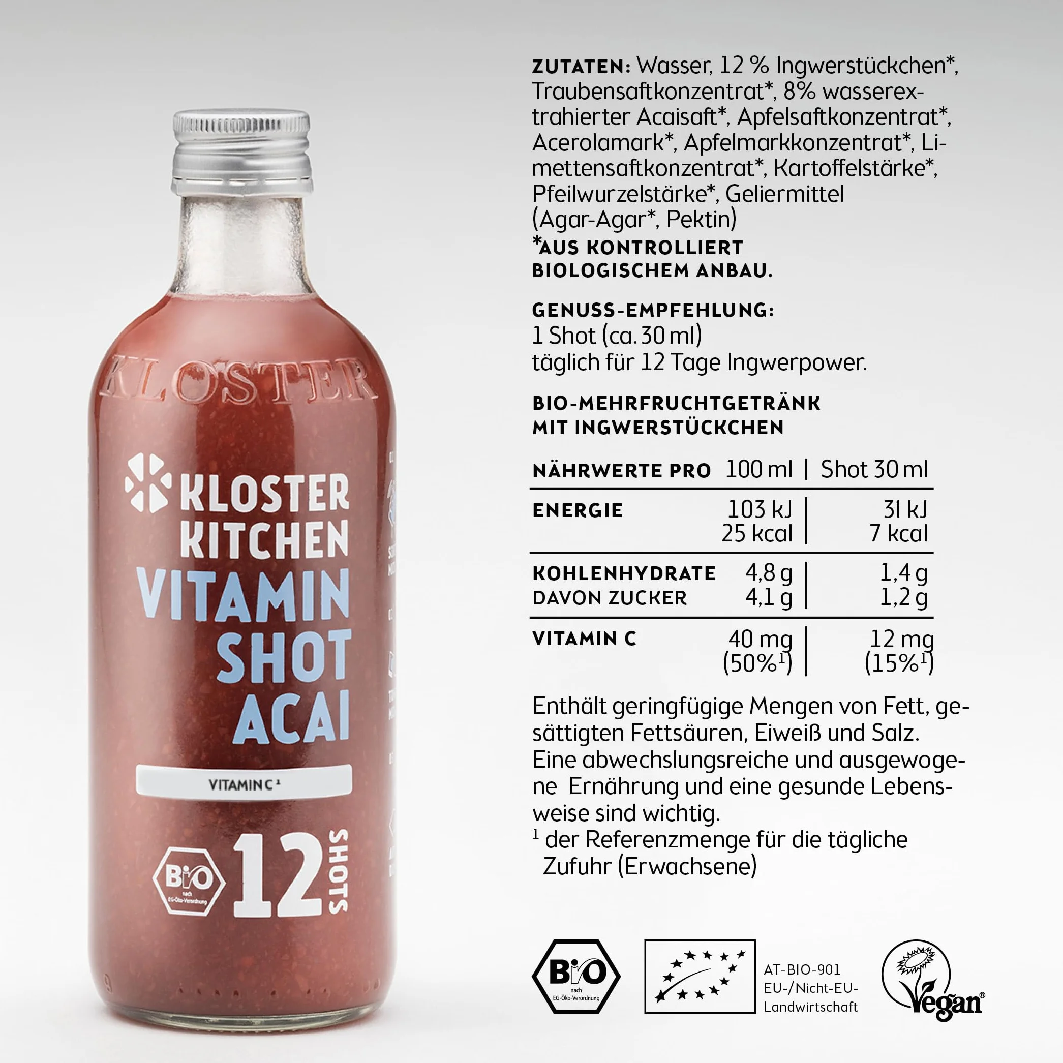 Kloster Kitchen Organic Vitamin Shot Acai Ginger 6x 360 ml botella de cristal vegana sin aditivos