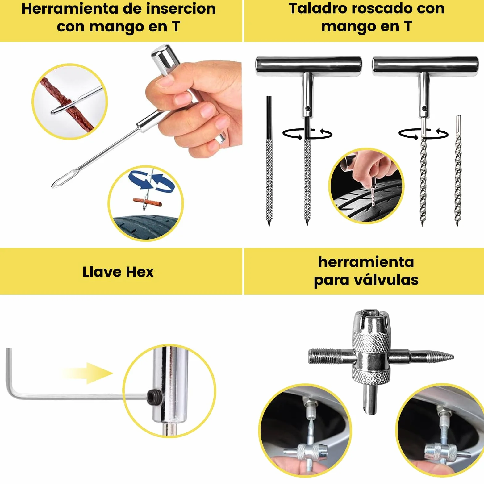 27PCS Kit Repara Pinchazos para Coche/Moto/Caravana, Kit antipinchazos neumático, Arreglar pinchazos en 3 Minutos, Mechas + Accesorios completos, Compacto para Maletero, Fácil Uso sin Experiencia