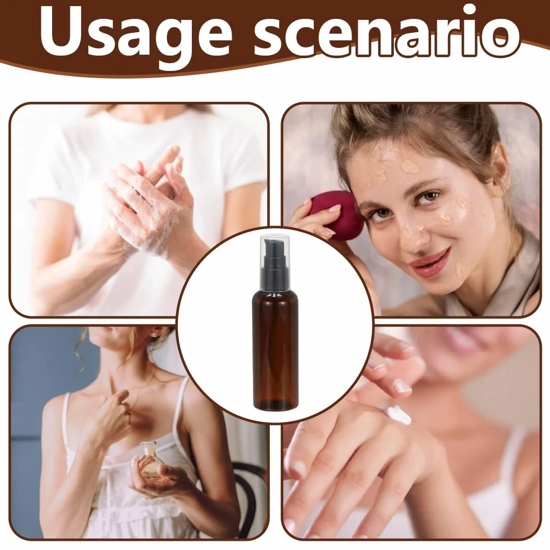 IKOPFLN 6 botellas vacías de vidrio marrón con bomba negra para aceite esencial, viaje, crema y loción