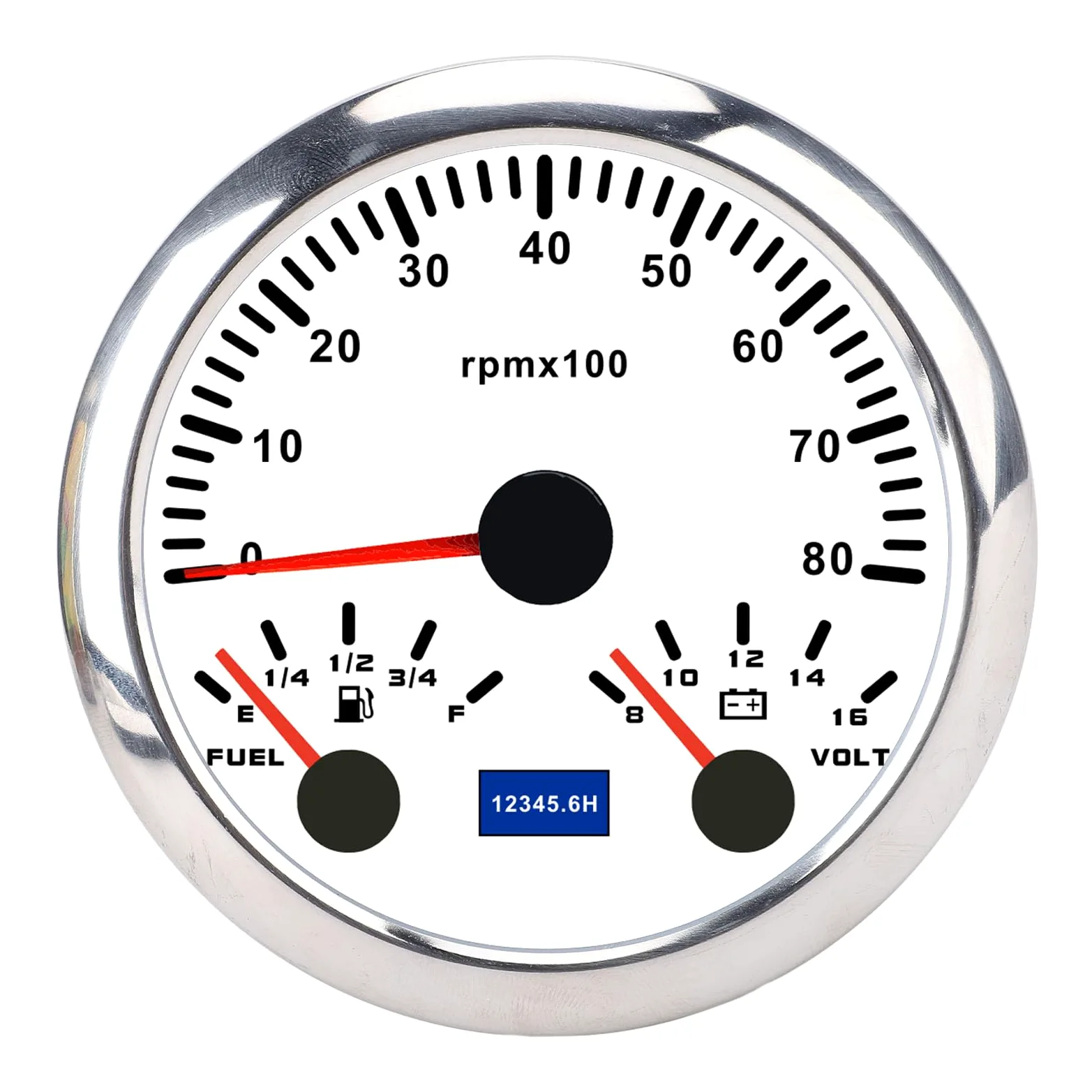 Medidor de tacómetro Torvex, 85 mm, 3 en 1 RPM, voltímetro, indicador de nivel de, 9-32 V, 8000 RPM, retroiluminación de 7 colores para RV, yate, camión (Esfera blanca y bisel plateado CX8300.)