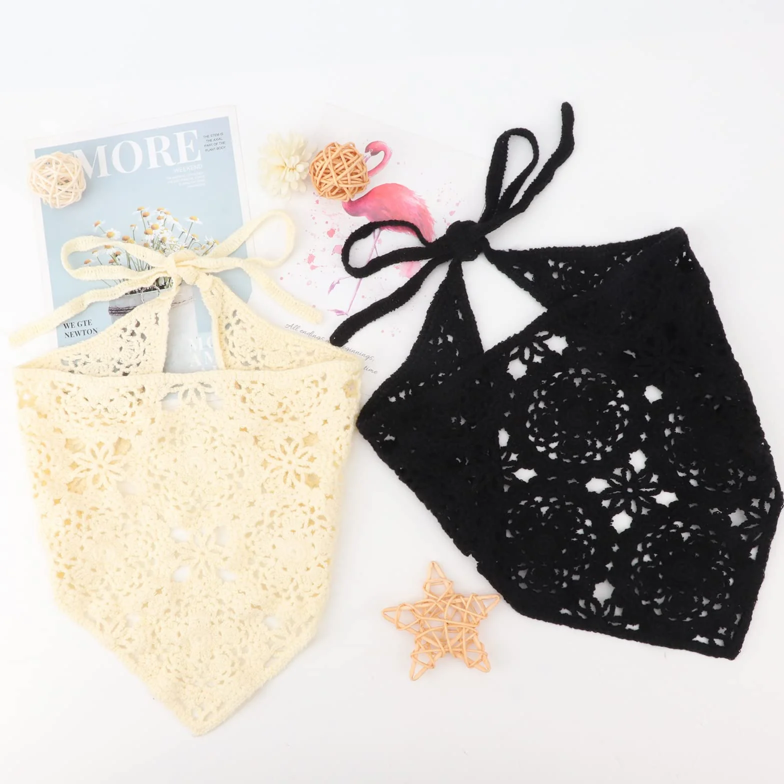 DRESHOW 2 Piezas Pañuelo de Cabeza Crochet Bandana Vintage Anudado Diadema Estampado de Fresas