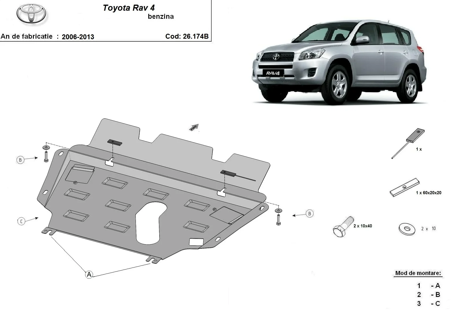 Protección bajo el motor compatible con Toyota RAV 4 Gasolina (2006-2013)