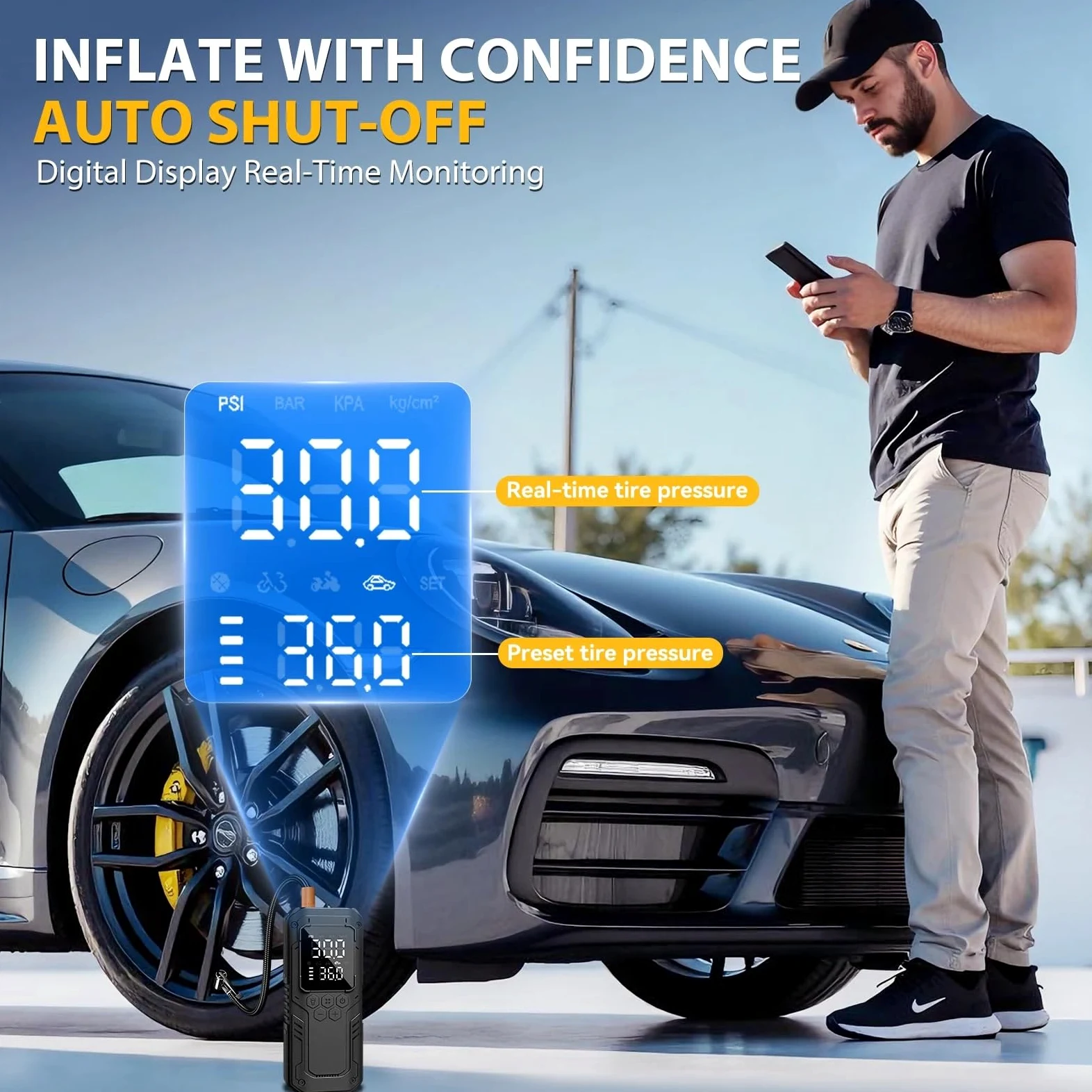 Inflador Ruedas Coche Inflador de neumáticos de coche portátil, compresor de aire de 150 PSI, bomba de aire inalámbrica para coches, motocicletas, pelota de bicicleta Compresores de aire portátiles
