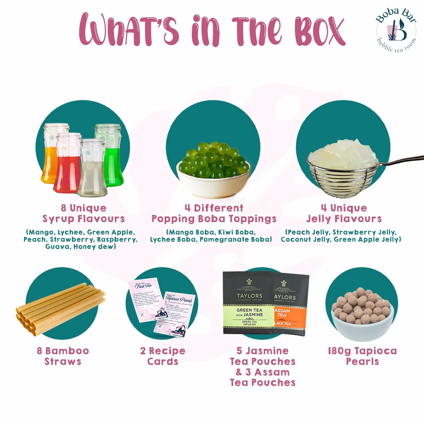 Fruit Fantasy Kit de té de burbujas de frutas 8 sabores Boba Jelly perlas de tapioca 8 porciones Bolsas de té verde y Assam