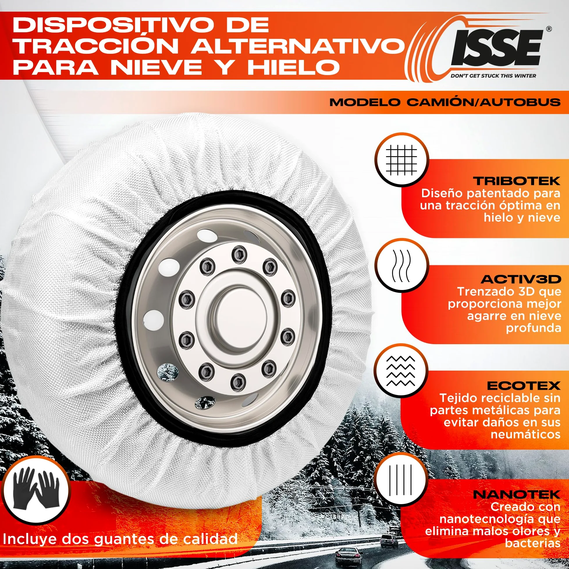 ISSE - Cadenas Camión Nieve |T-110| Homologación EN 16662-1 - Cadenas Nieve Téxtiles Fáciles de Instalar - Cadenas Nieve y Hielo Camión Antideslizantes y Resistentes - Kit de 2 Cadenas + guantes