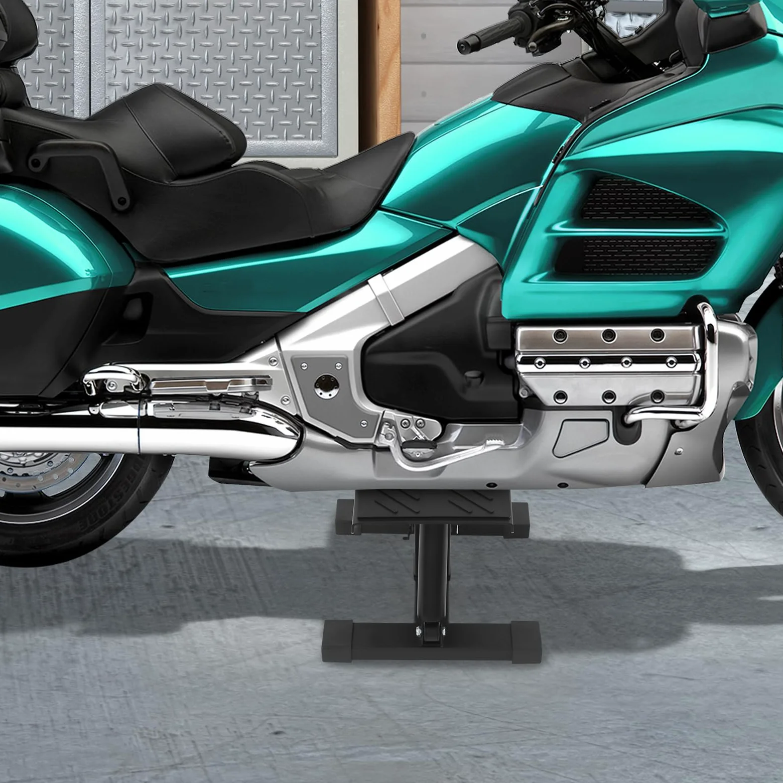 Elevador de motocicleta, rango de elevación de 25 a 34 cm, ancho de plataforma de 17 cm, capacidad de carga de 200 kg, soporte de motocicleta con 3 pernos de seguridad, plataforma elevadora de acero