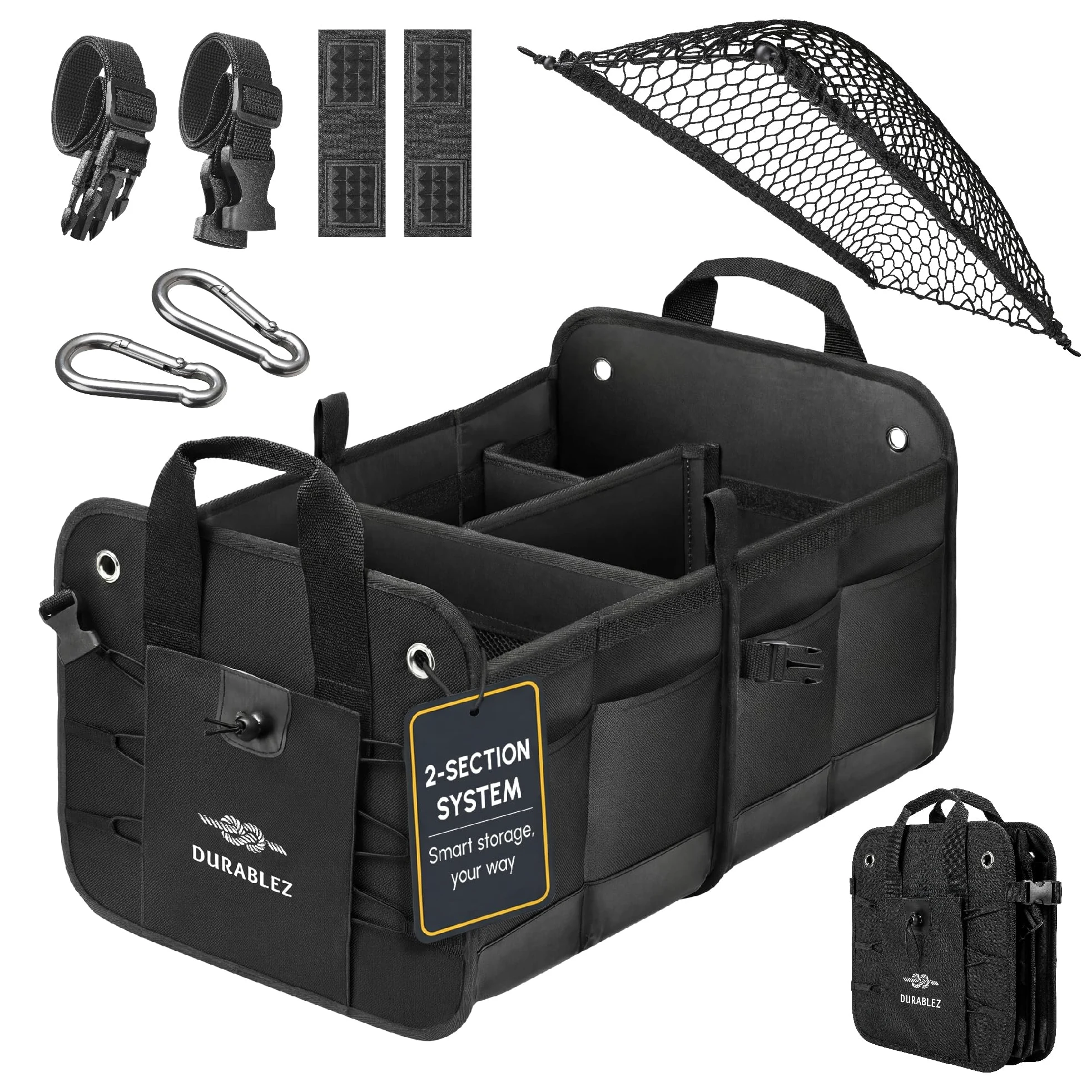 Organizador de maletero de coche, plegable, con red de cobertura, separadores extraíbles, almohadillas antideslizantes acoplables, correas de montaje y ganchos inoxidables, para SUV, camión, sedán,