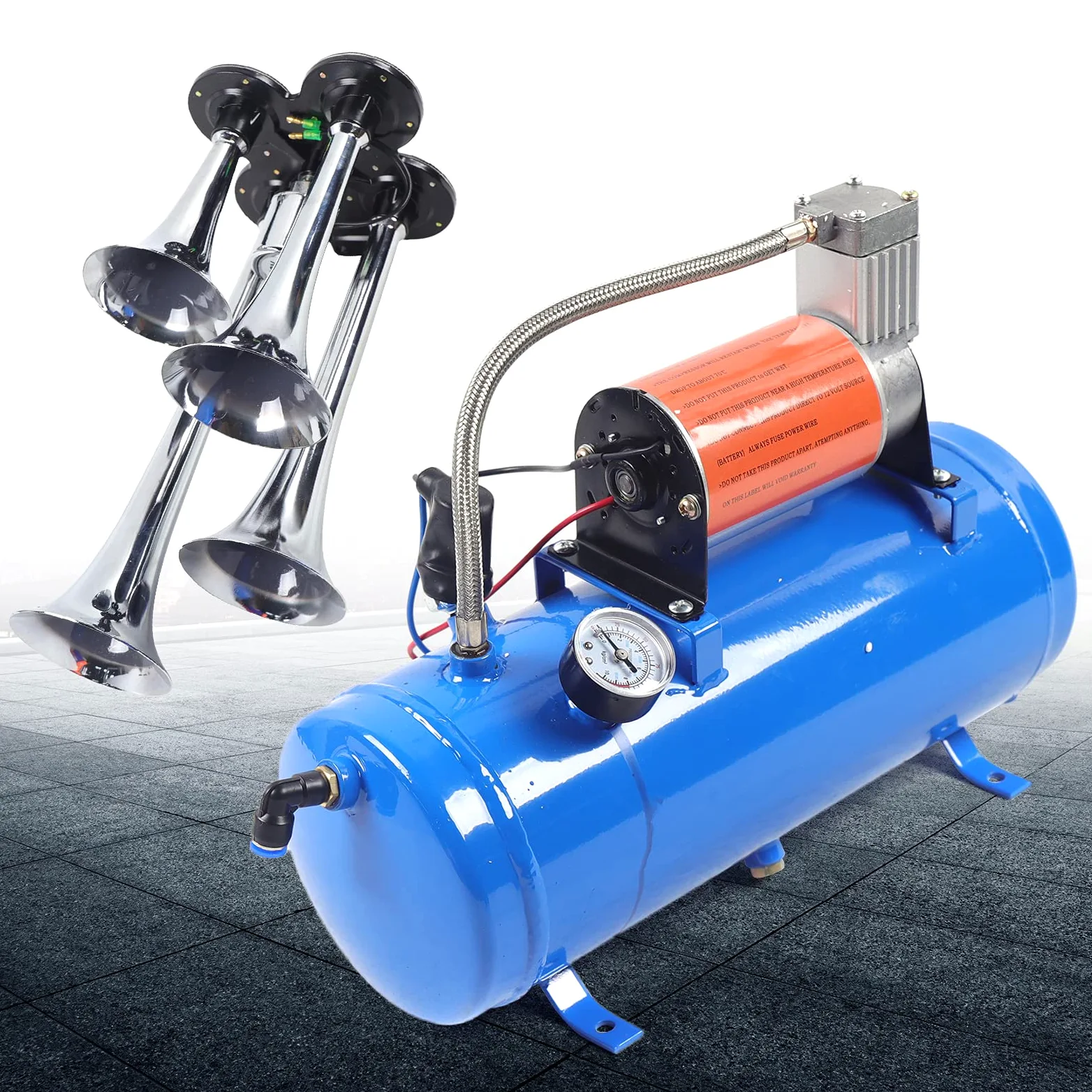 Horn Air Horn Kit 12V 4 Trompeta Portátil Air Compresor de Aire Tren 150dB con 6L para Coches Camiones Barcos Motocicletas