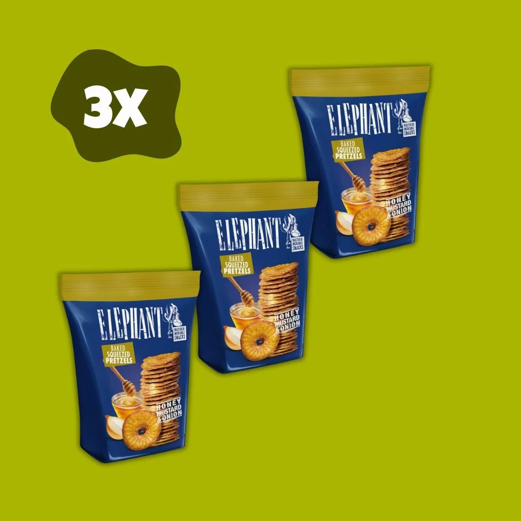 Juego de 3 Pretzels de Elefante, Mostaza, Cebolla y Safari Dulce y Picante