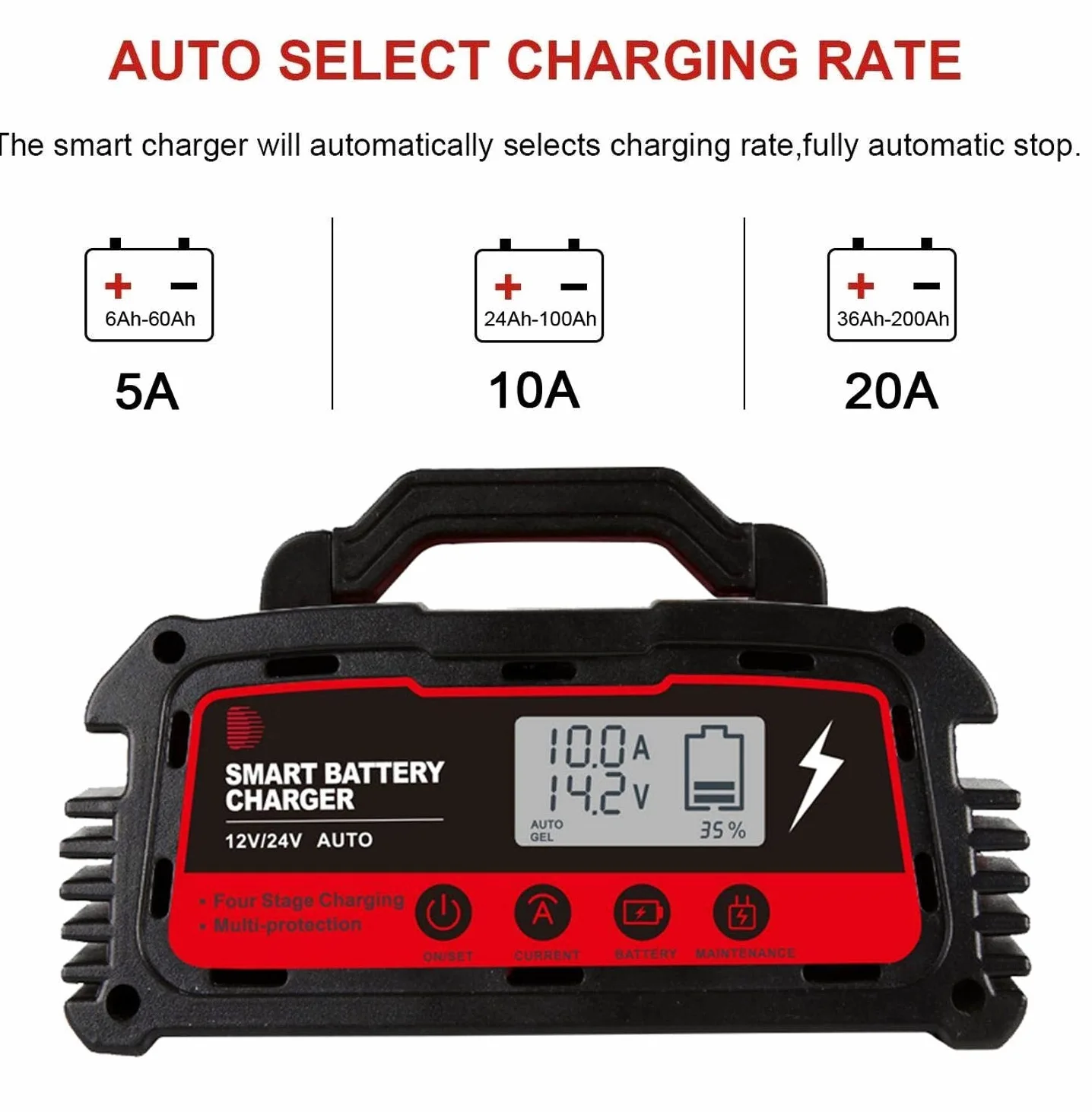Cargador Baterias Coche,Arrancador De Coches 20A Totalmente Inteligente Cargador de batería de 12V 24V Mantenedor de Motocicletas de Auto Batería Fuente de alimentación