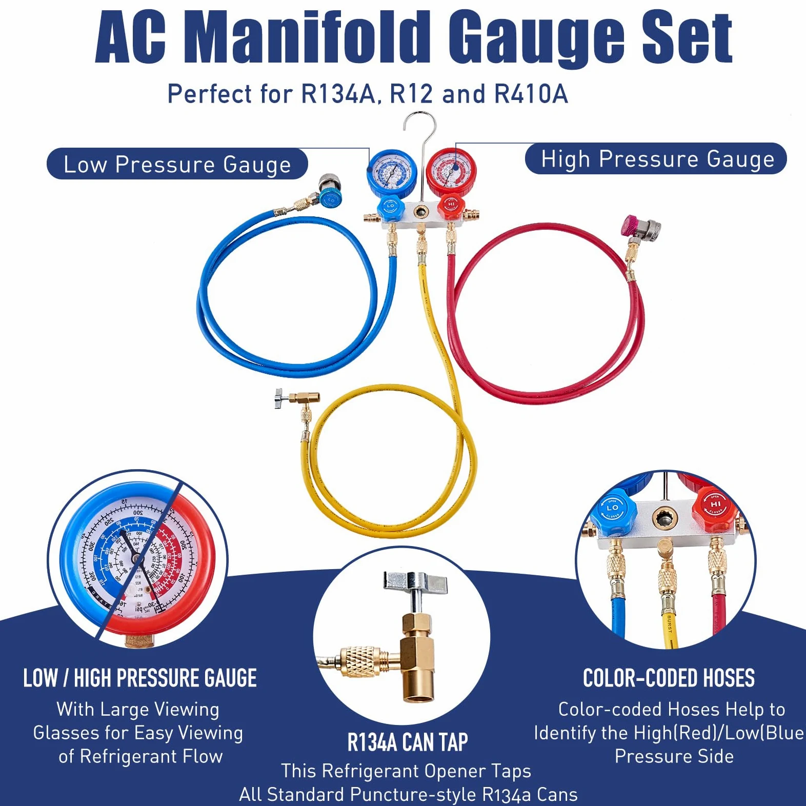 BACOENG Juego de Bomba de vacío y manómetro de CA de 4 CFM, Kit de Bomba de vacío HVAC con Detector de Fugas para refrigerantes R134a R410a R12 R22, con Grifo de Lata y acopladores rápidos