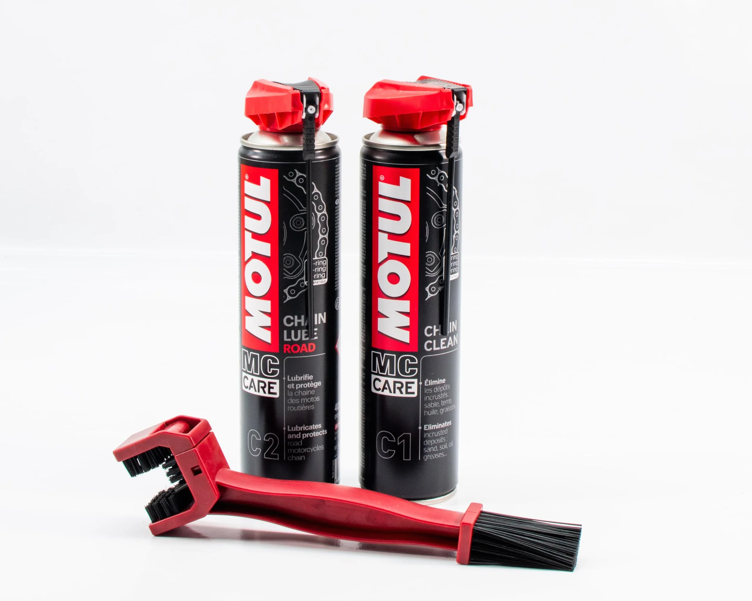 Gazoobike Pack de mantenimiento de cadena de moto MC Care, limpiador C1 400ml + lubricante C2 400ml con cepillo de limpieza, kit completo para cadena de moto