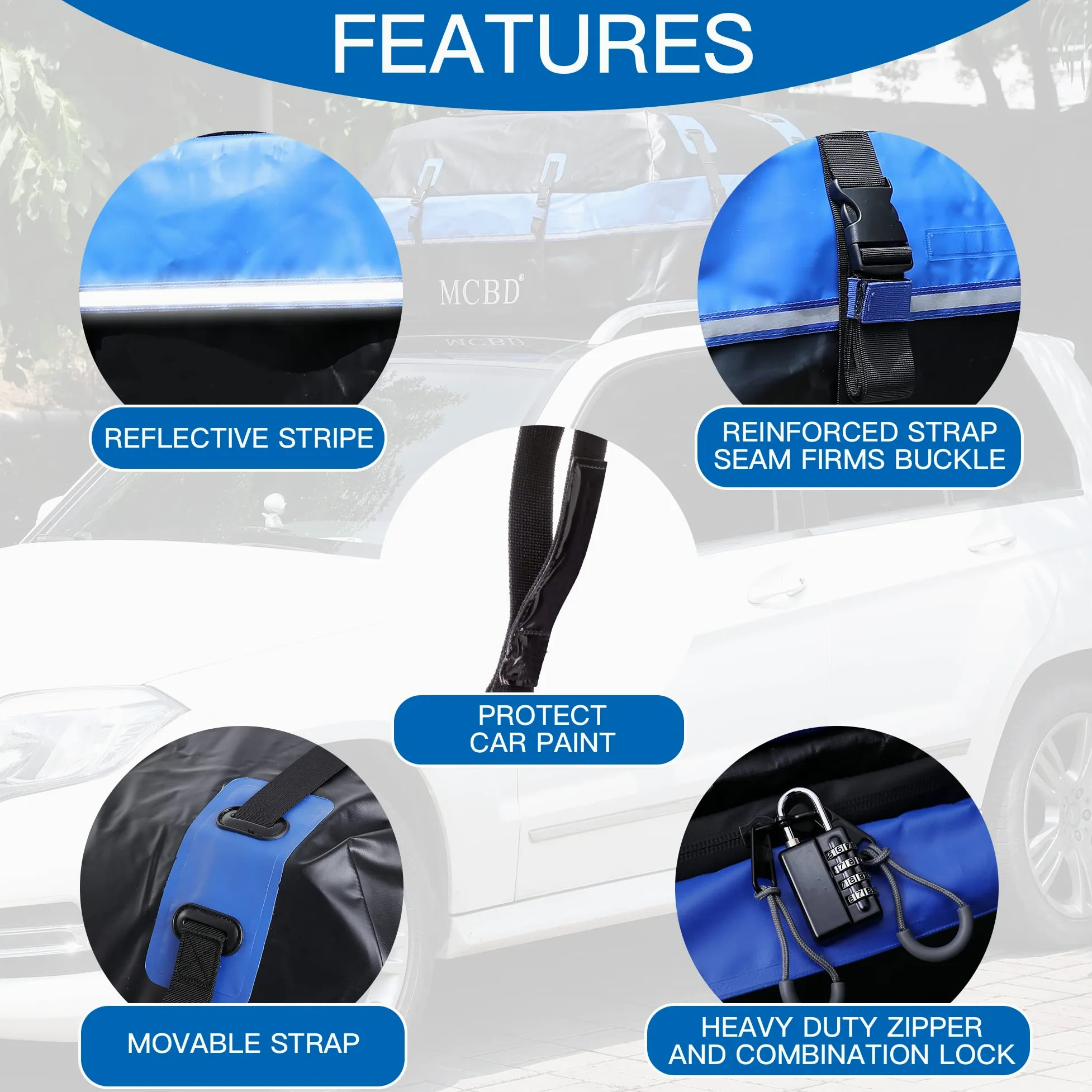 Maletero Techo Coche, 594L, Resistente al Agua, portátil, Apta para Todos los vehículos, SUV con/sin rieles, Incluye 8 Correas reforzadas y 6 Ganchos para Puerta, Azul
