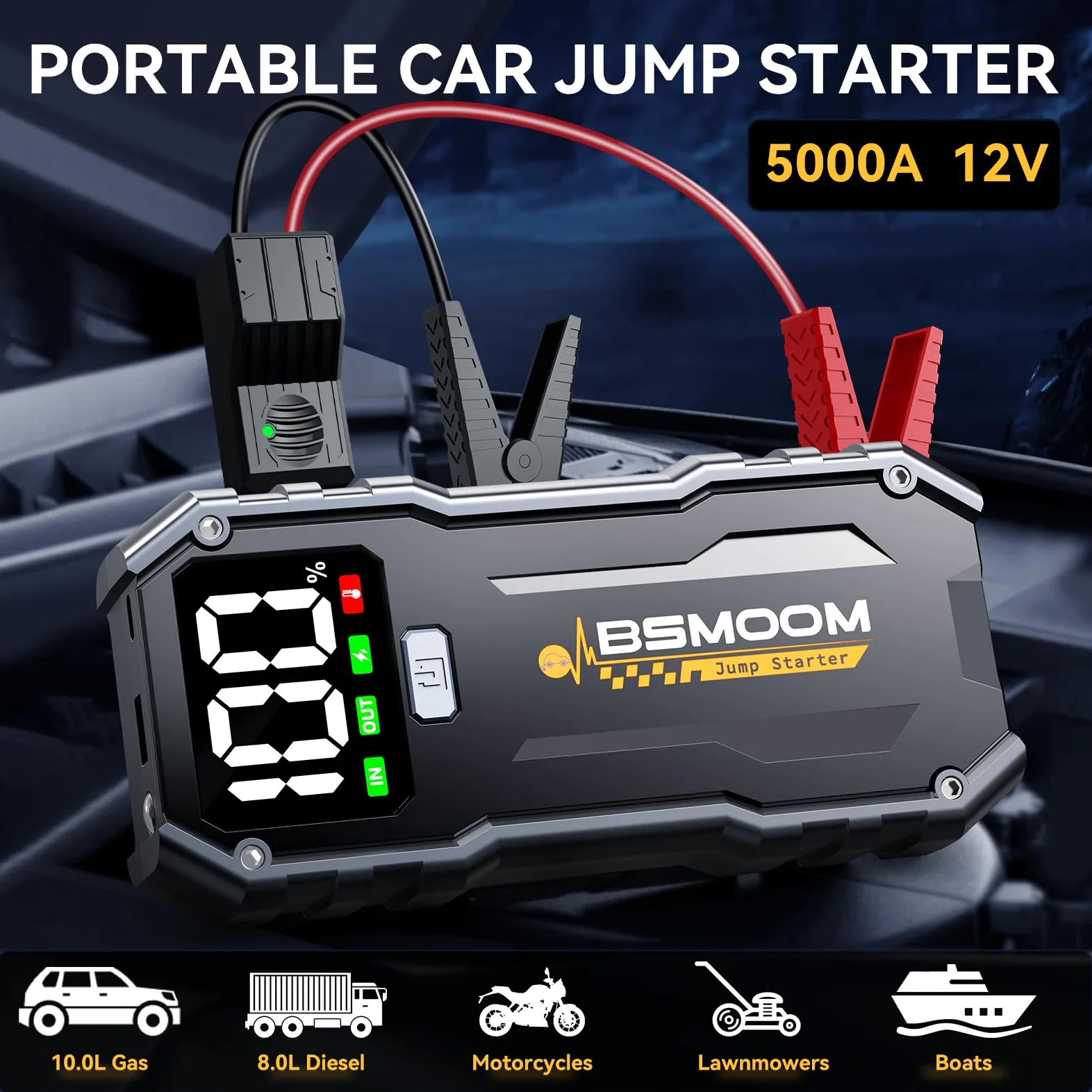 Arrancador de Baterias de Coche, 5000A Arrancador de Coches Portatil (para 10.0L de Gasolina o 8.0L de Diésel) 12 V Booster con Carga rápida USB y Linterna LED de Emergencia
