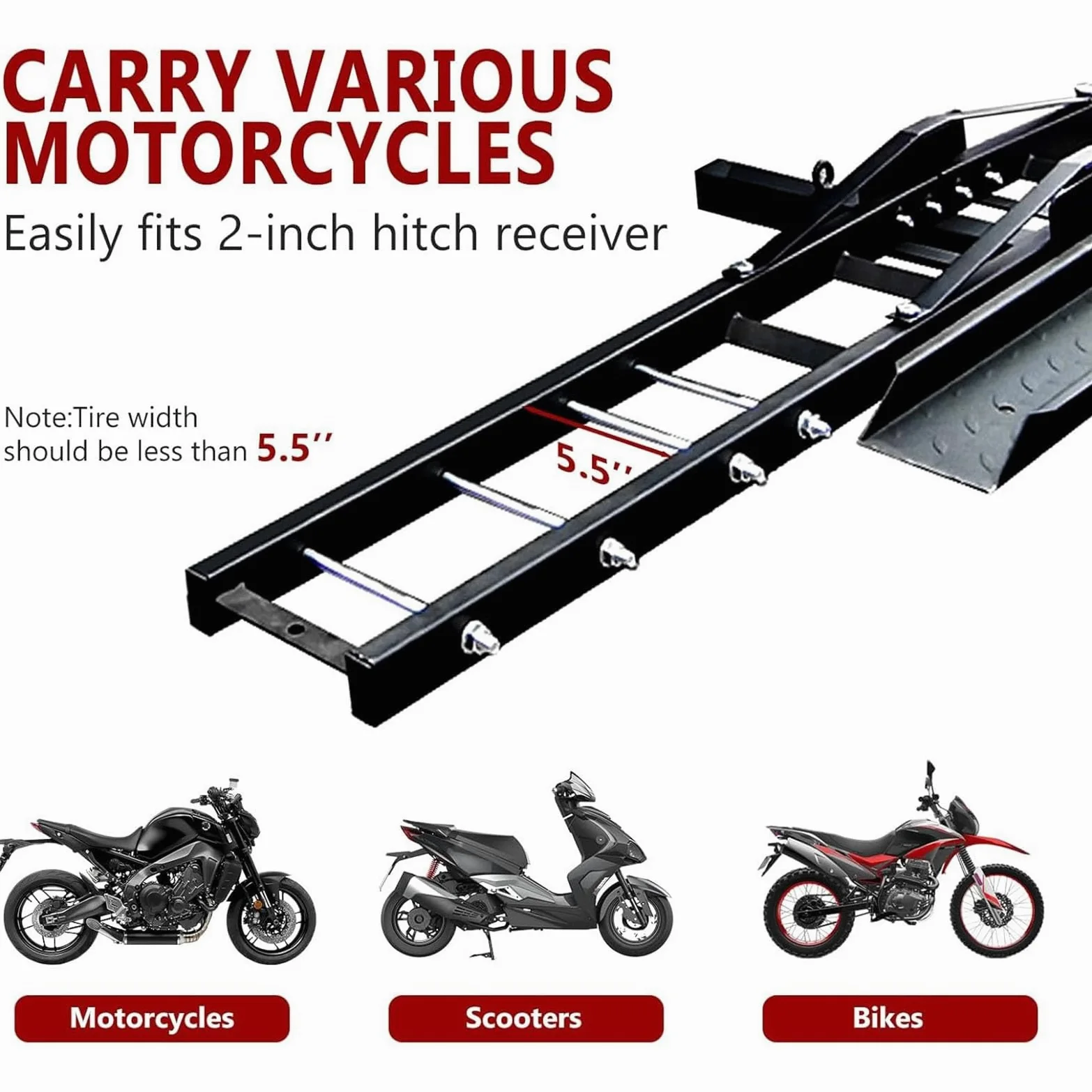 Portamotos de Enganche con Rampa de Carga, Capacidad de 272 Kg - Transportador de Motos de Cross y Scooters para SUV y Camionetas - Incluye Receptor de 5 Cm