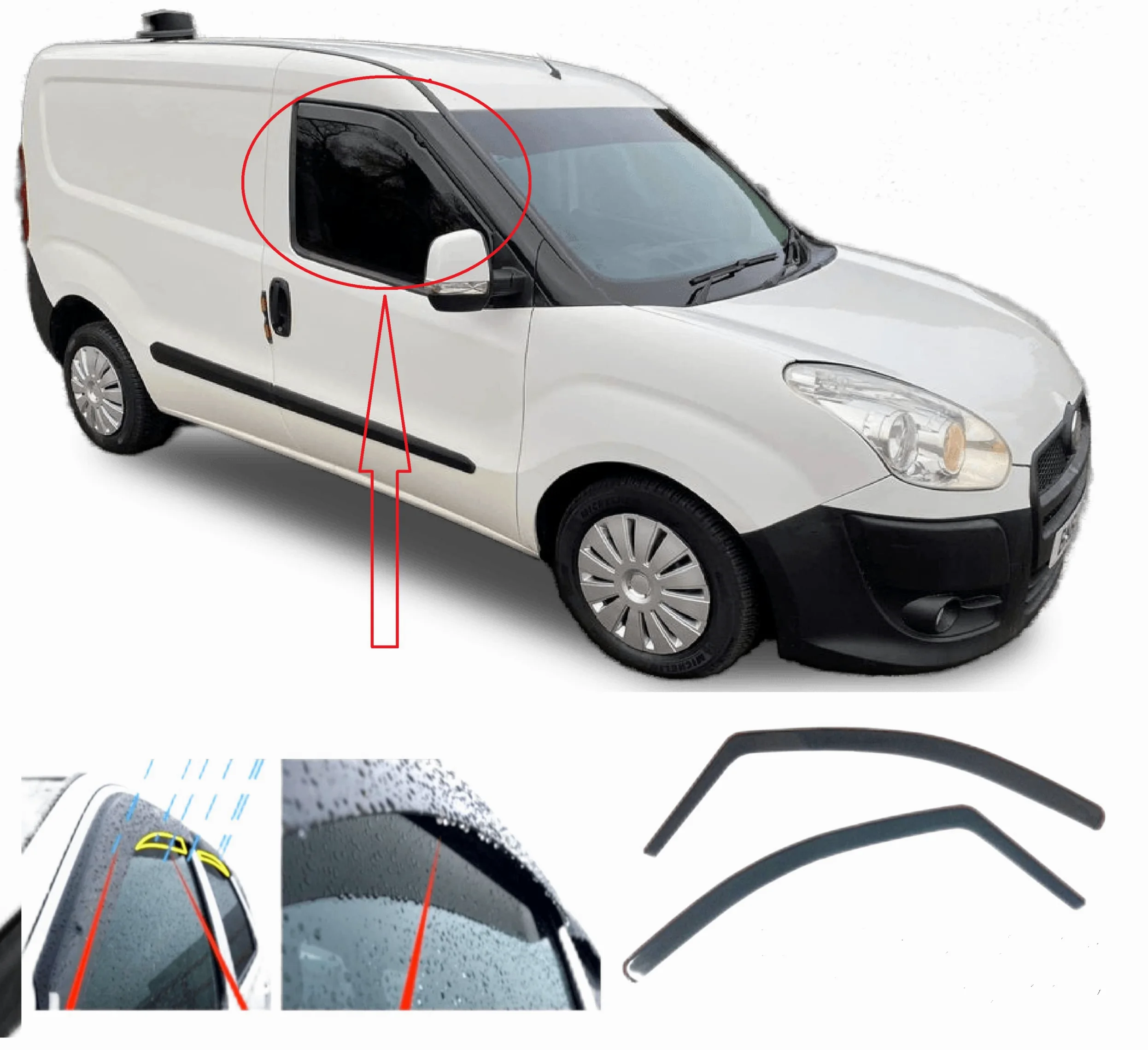 2 deflectores de Viento para Fiat Doblo Work Up Pratico Opel Vauxhall Combo 2010-presente Ajuste Interior protección Sol Lluvia Nieve Viento