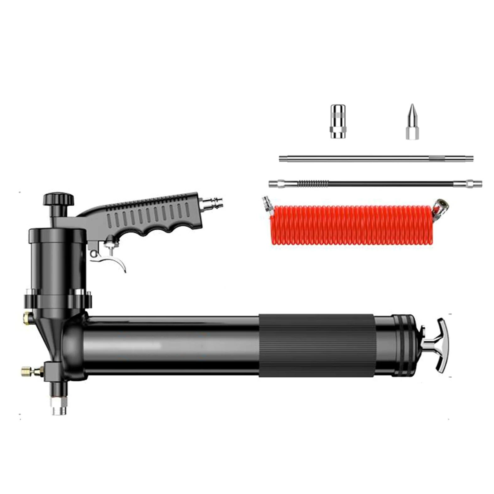 Kit De Pistola De Engrase Neumática para Trabajo Pesado De 12000 PSI, Disparo Continuo Extraíble, con Manguera/Tubo Duro/Boquilla Puntiaguda/Boquilla Plana Y 9 M De Tubo (con Conector)