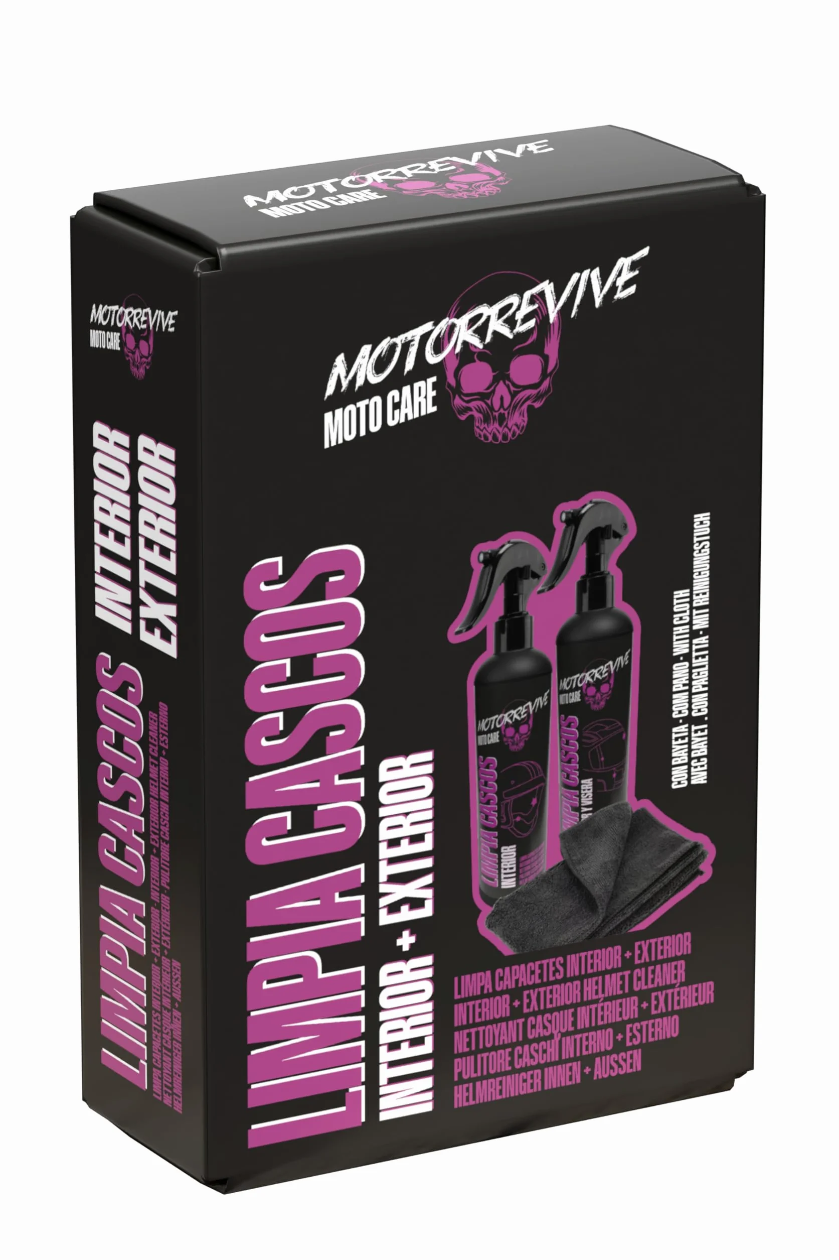 Pack Limpieza de Cascos de Moto 200 + 200 ml. Spray limpiador Interior + Exterior y Visera + Bayeta de Microfibra. Higiene Completa y Cuidado Profesional para Casco de Motocicleta