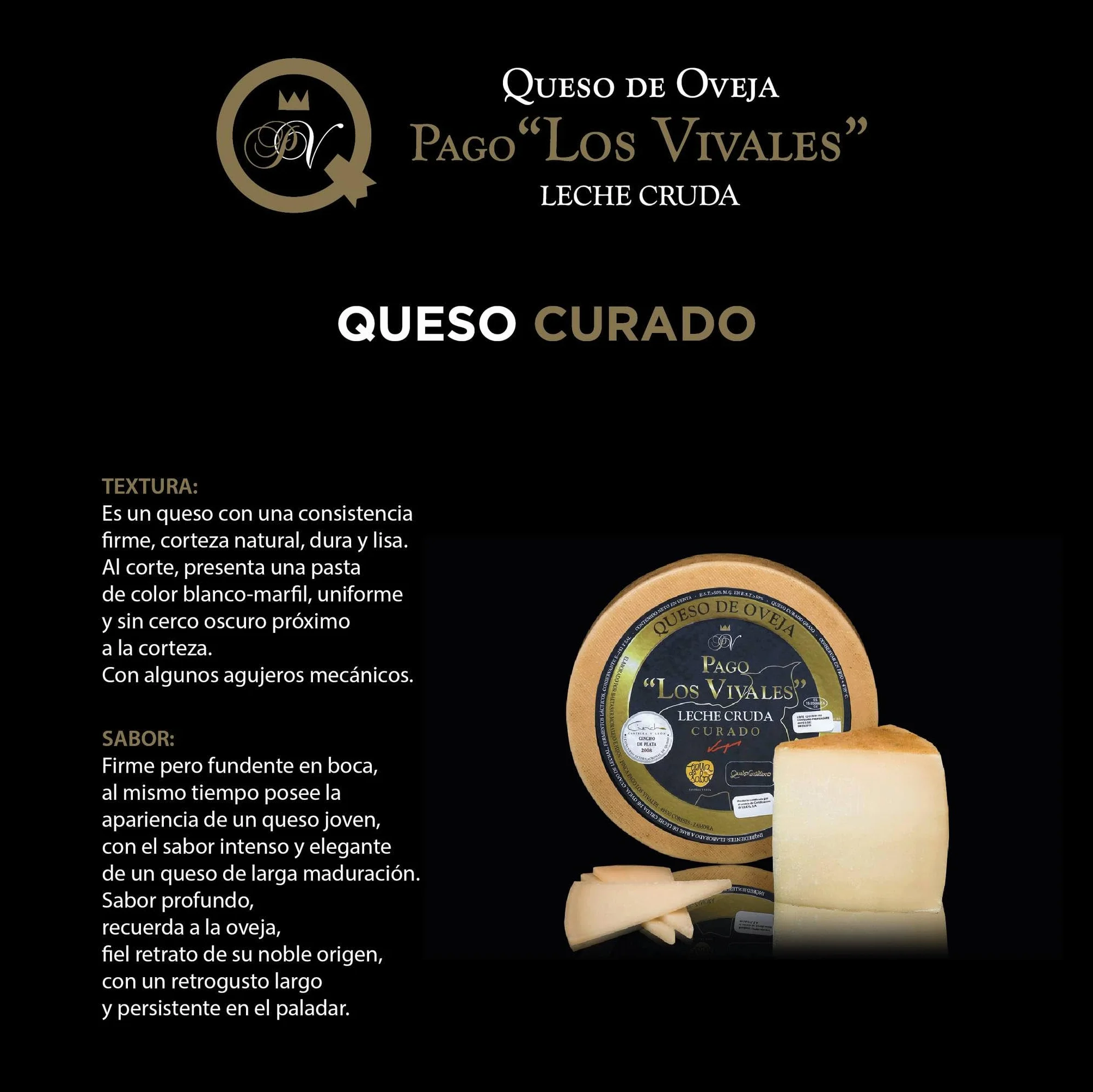 Queso de Oveja Curado Los Vivales – Leche Cruda, 6-8 meses, Pieza 2,7 kg, Medalla Oro World Cheese Awards