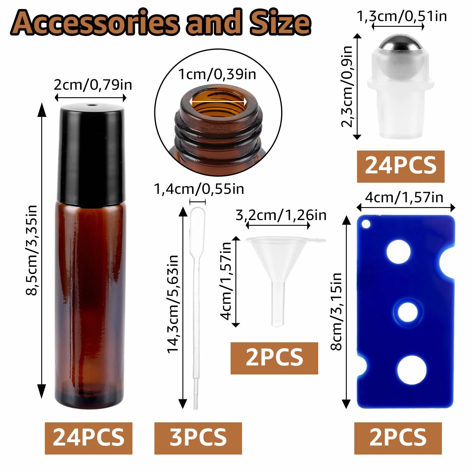 Frascos Vidrio Ámbar 10ml Roll on para Aceites Esenciales, 24 Botellas Antiluz con Tapón, Sin BPA