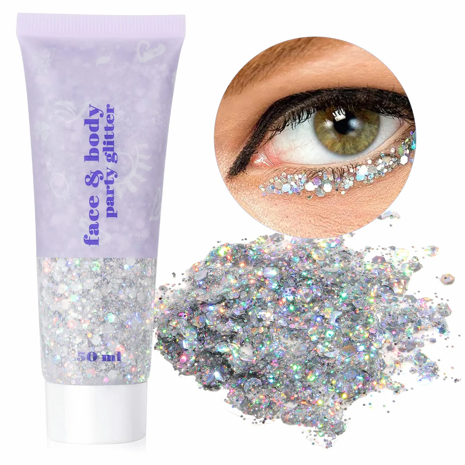 URAQT Purpurina Líquida Cara 50ml Gel Chunky Glitter Corporal Maquillaje Festival Halloween Plateado
