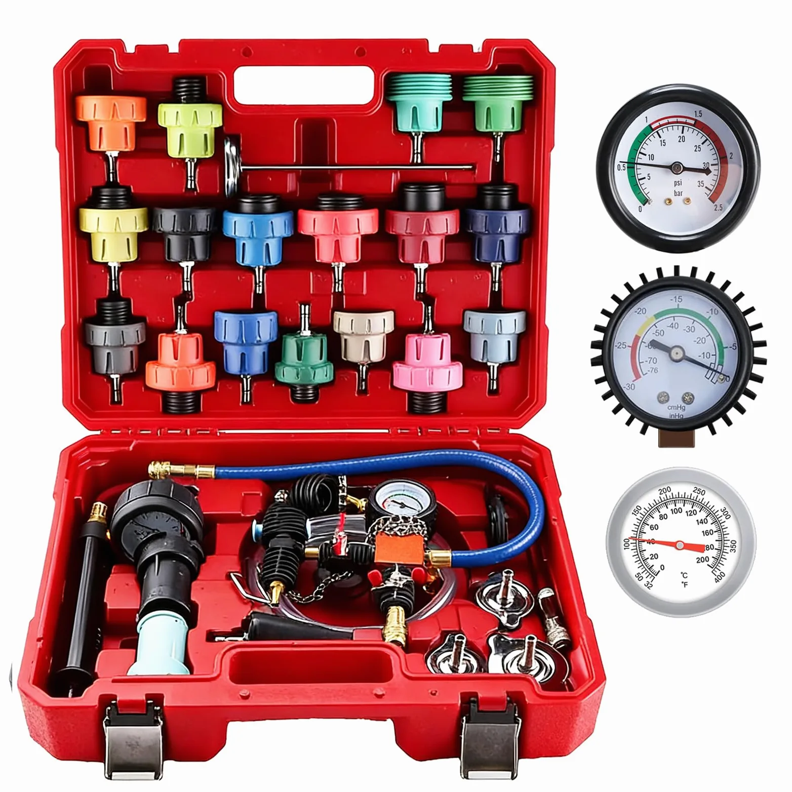 FreeTec 31pzs Probador Presion Radiador, Universal Probador Presion Circuito Refrigeración, Kit Comprobador Fugas Purgador Liquido Refrigerante, Herramientas Radiador Coche con Bomba Adaptador (Rojo)