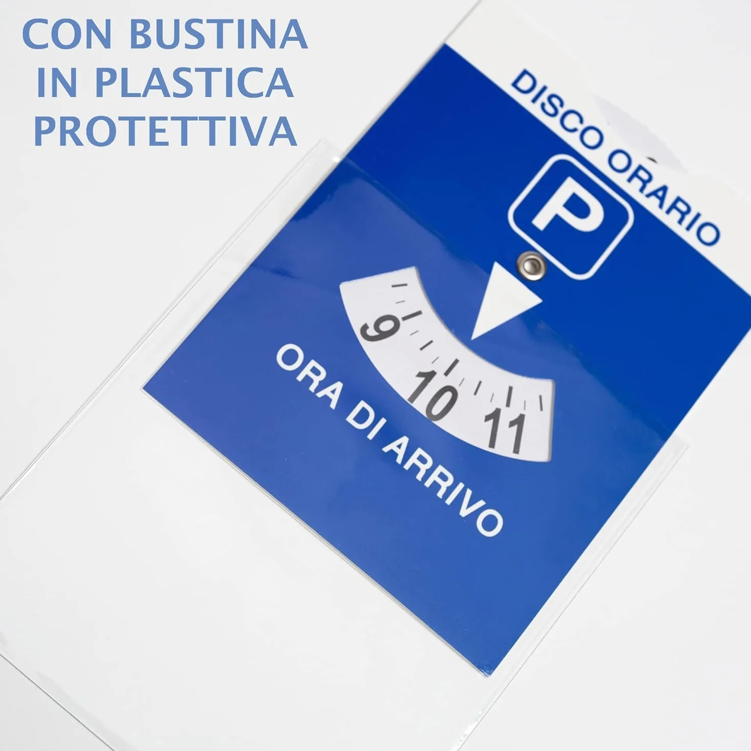 3 unidades – Disco horario para coche Maxi + Porta documentos de coche de plástico azul + bolsa protectora de PVC – 15 x 12 cm – Bienestar In Linea – Parquímetro, disco horario italiano para coche y