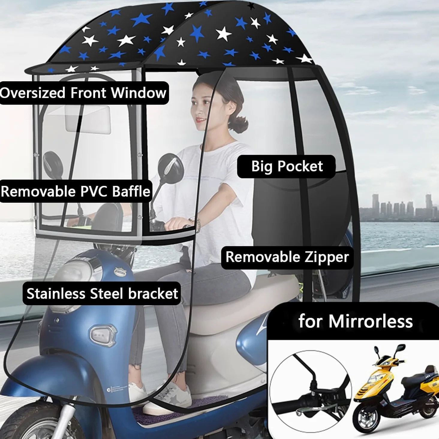 Mobility - Toldo impermeable para scooter, protector universal con tiras reflectantes y bolsillos, protección totalmente cerrada para motocicletas eléctricas
