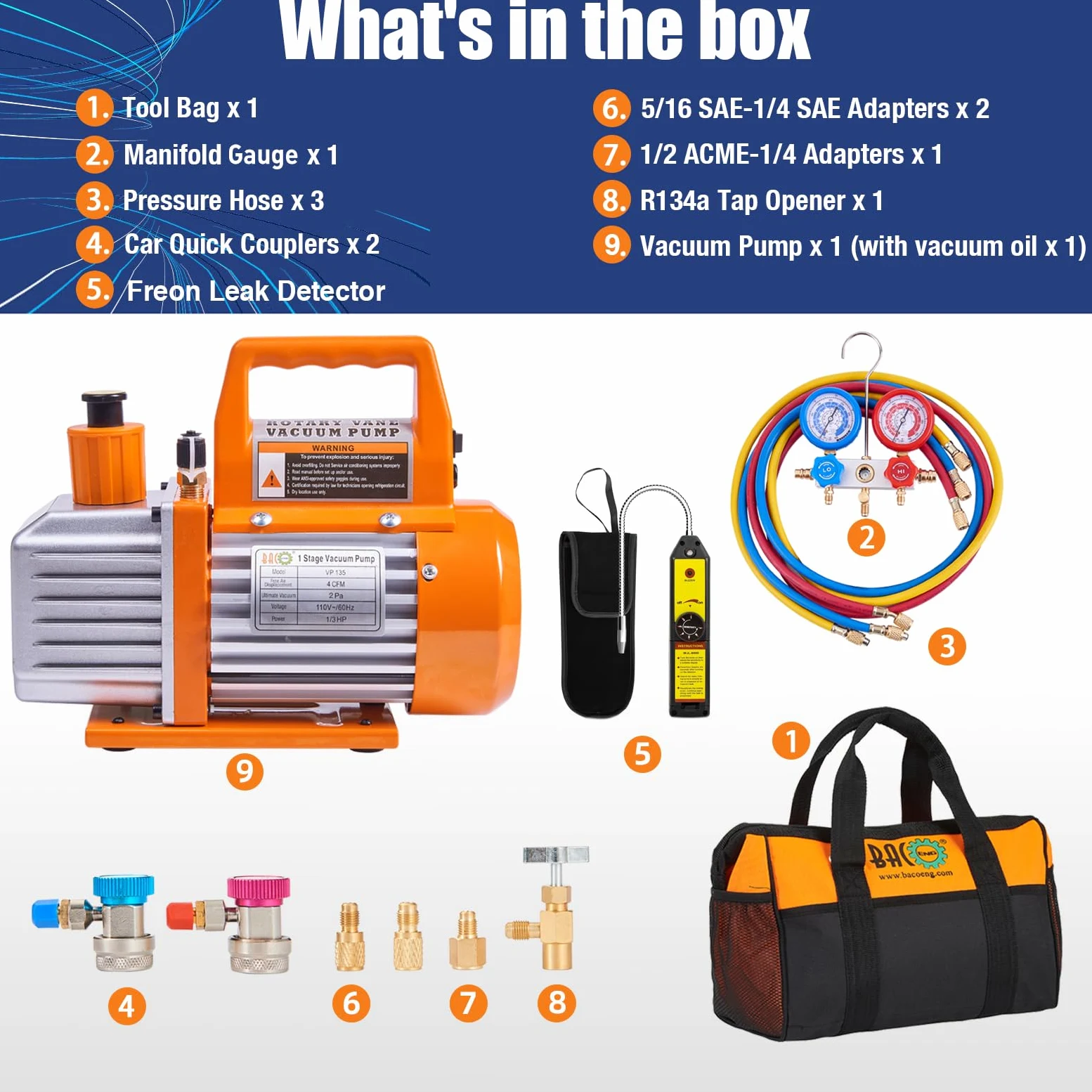 BACOENG Juego de Bomba de vacío y manómetro de CA de 4 CFM, Kit de Bomba de vacío HVAC con Detector de Fugas para refrigerantes R134a R410a R12 R22, con Grifo de Lata y acopladores rápidos