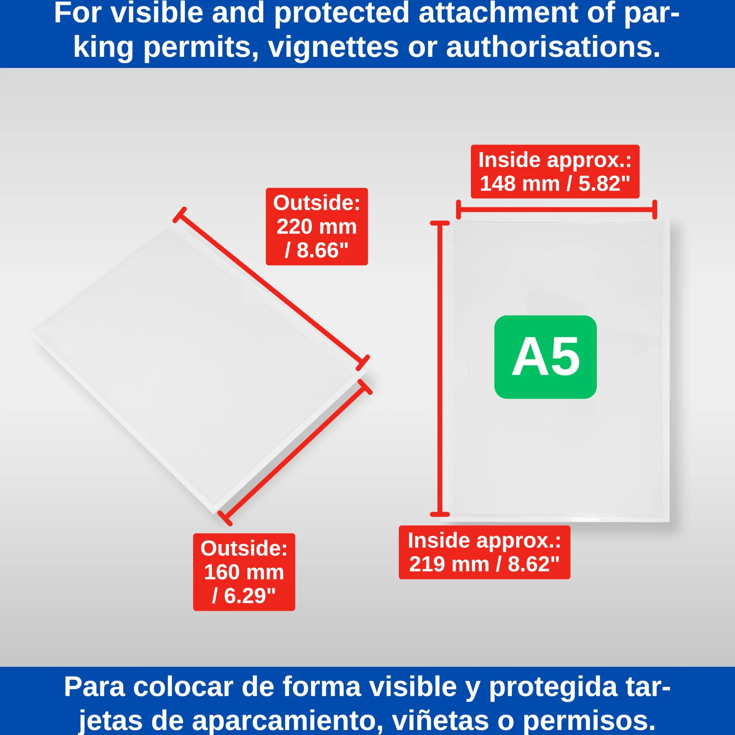 Bolsa adhesiva para parabrisas, 12 pzs, tamaño DINA5, 220 x 160 mm, en transparente, soporte de permiso de estacionamiento para pegar, sobre autoadhesivo permiso de estacionamiento de residente