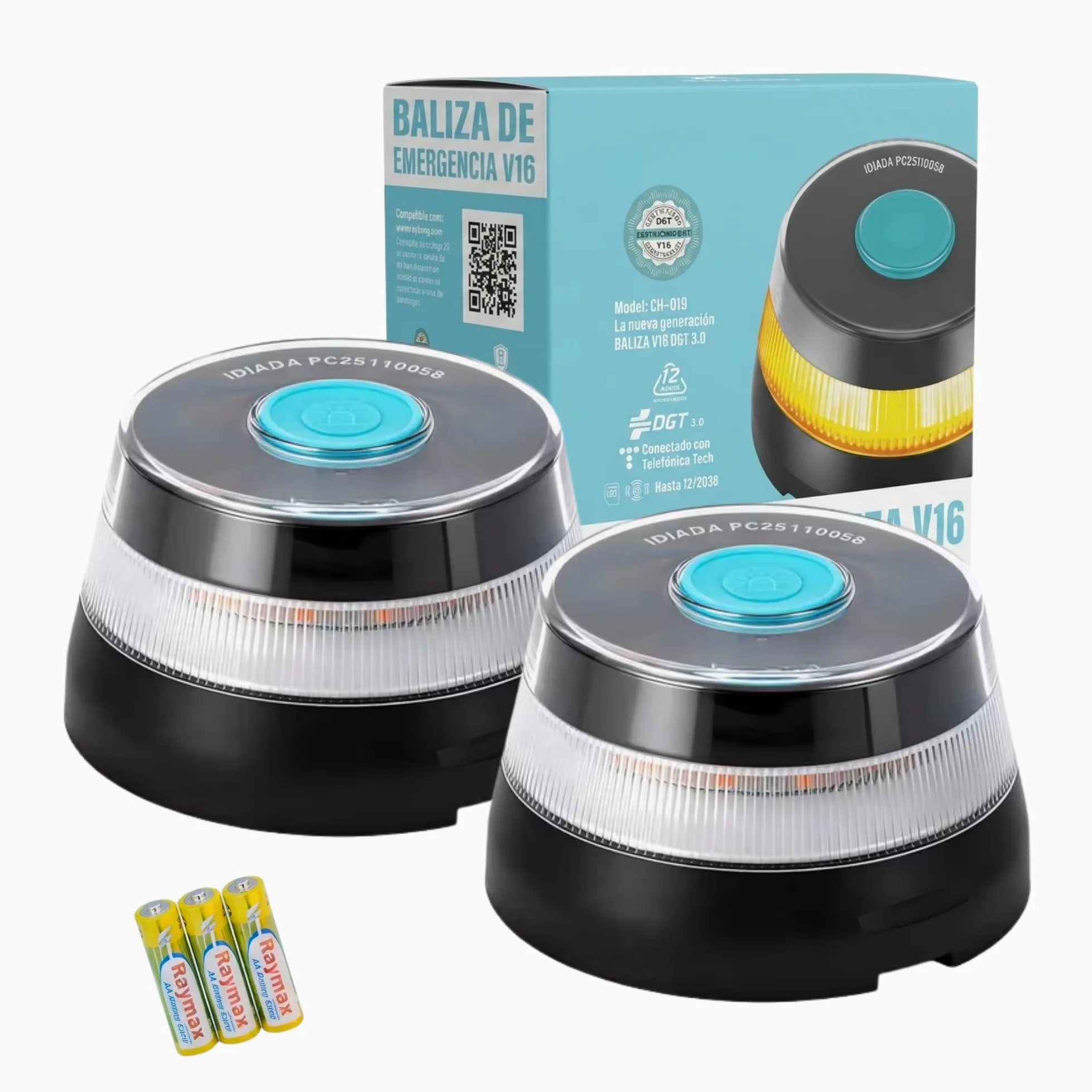 MAGIC SELECT 2x Luz de Emergencia V16 DGT 3.0 Homologada con Geolocalización para Señalización en Carretera, Coche y Moto, Luz Intermitente Naranja 360º, Base Imantada, Incluye 6 Pilas AA.