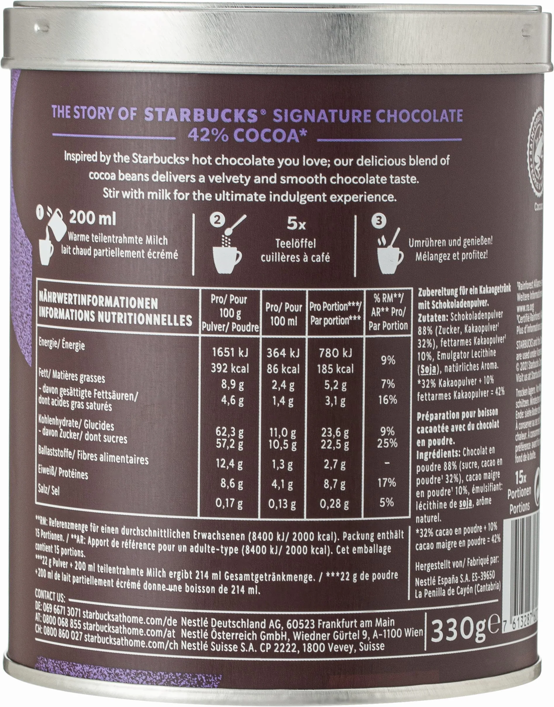 Starbucks Signature Chocolate 42% en polvo para beber 330g 15 tazas