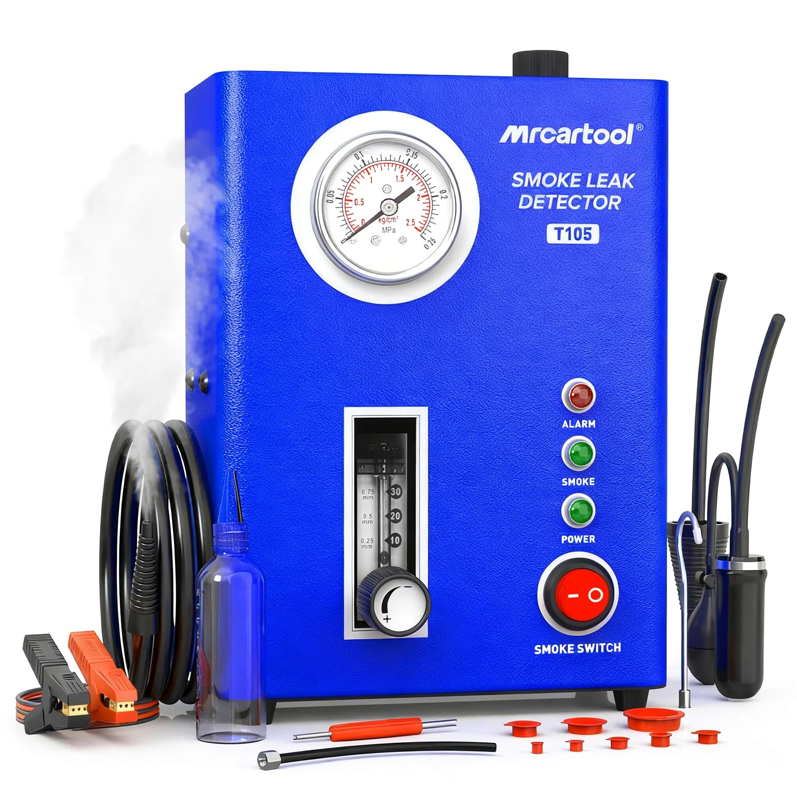 T105 Maquina Humo Coche EVAP Maquina de Humo para Detectar Fugas Con Bomba de Aire & Manómetro Tamaño de Humo Ajustable Apto Detectador de Fugas de Humo para todos los Coches, Motos y Camiones