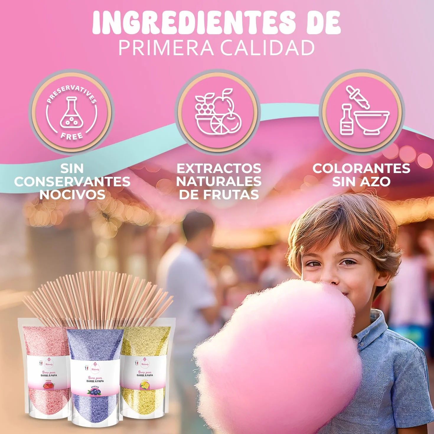 Misskandy Algodón de Azúcar para Máquina Pack 3x160g Sabores Naturales Fresa Arándano Limón