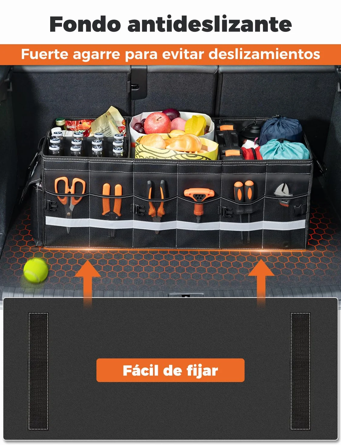 Oasser Organizador Maletero Coche 75L Grande 3 Compartimentos Tapa Desmontable Plegable Antideslizante 1 Bolsillo Grande 6 Bolsas Laterales Malla