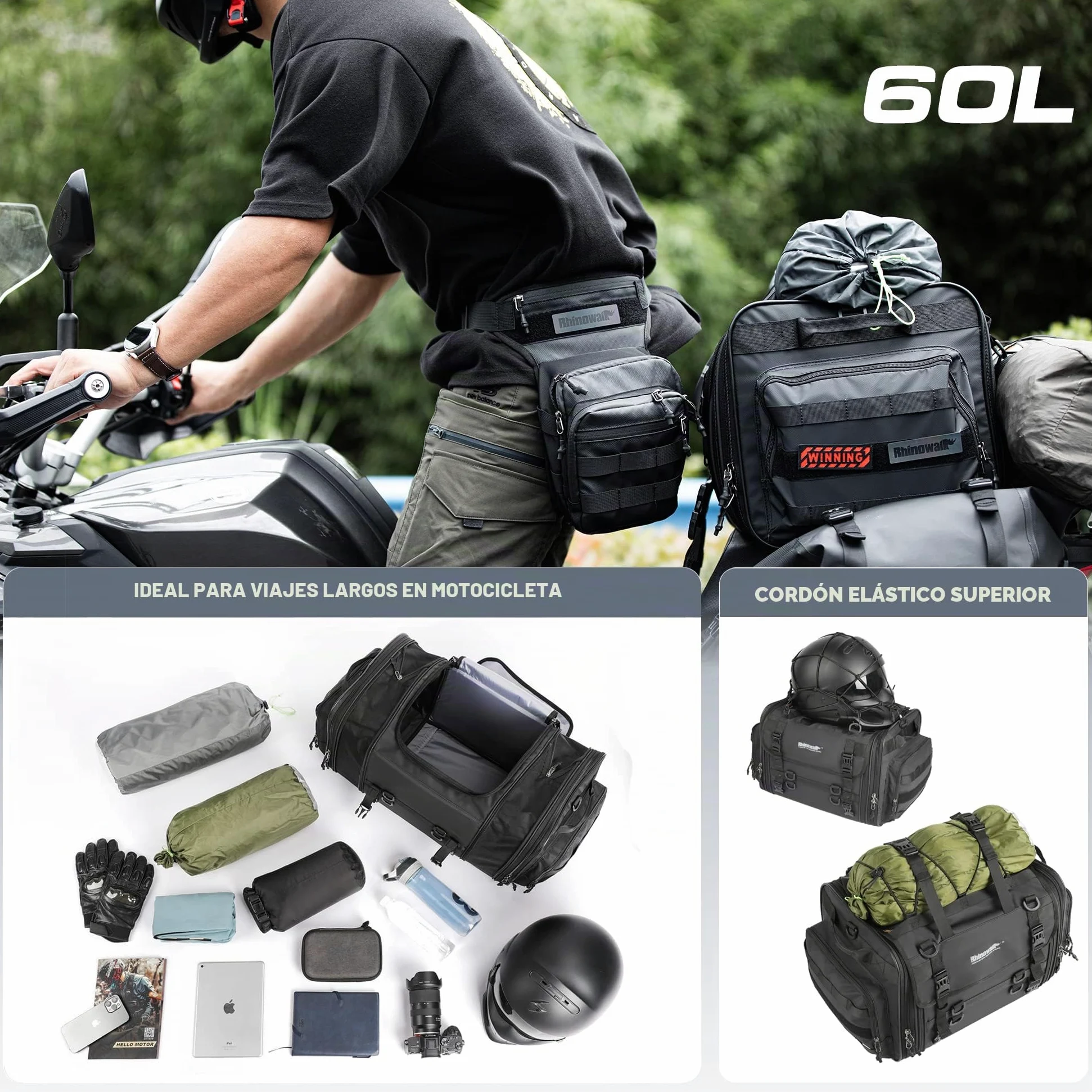 Rhinowalk - Alforja para Moto de 40-60 l, Impermeable, para Asiento Trasero