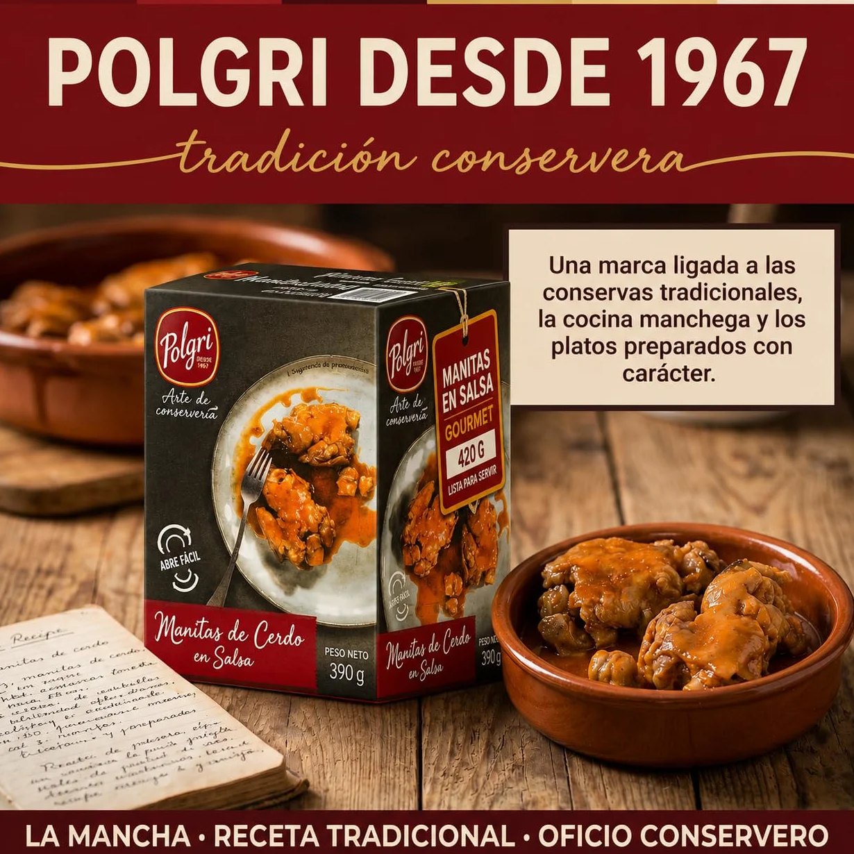 POLGRI Manitas de Cerdo en Salsa 420 g x 3 Latas Receta Tradicional La Mancha Colágeno Natural