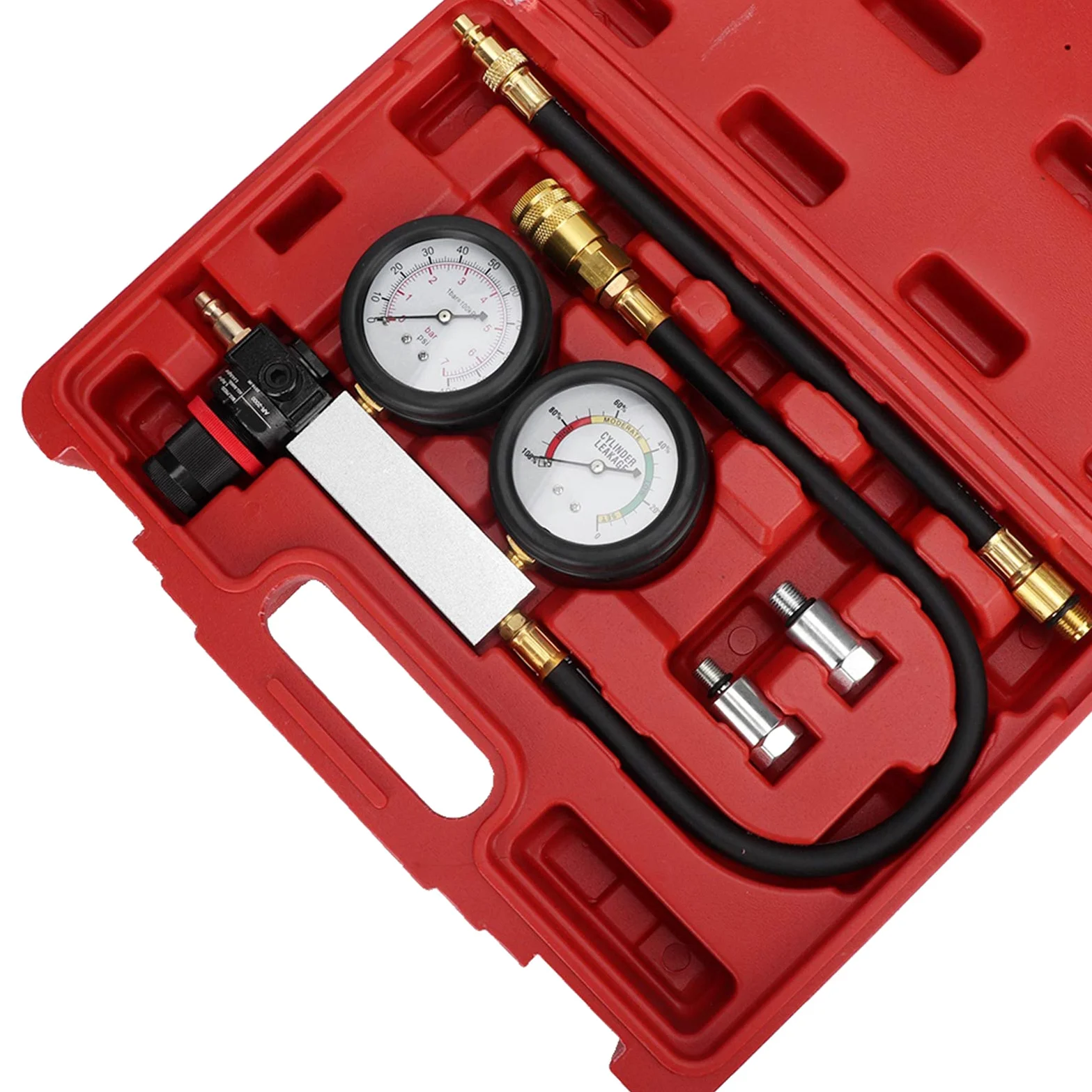 Kit de comprobador de Fugas de Cilindros, Kit Detector de Fugas de compresión con manómetro Doble, comprobador de compresión de Motores de Gasolina