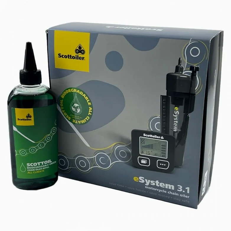 Scottoiler eSystem - Engrasador automático de cadena – incluyendo All Climate biodegradable verde Scottoil…