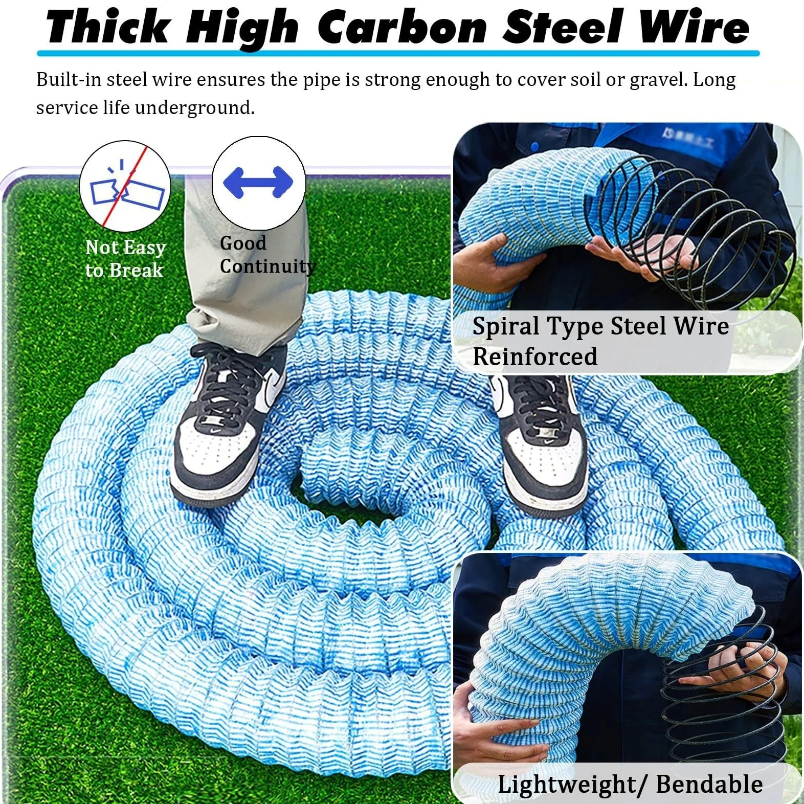 Tubo de drenaje permeable perforado, funda filtro no tejida, alambre acero espiral, flexible enterrado para patio, sótano, carretera, césped(Dia-15cm(5.9in),L110ft/33.5m)