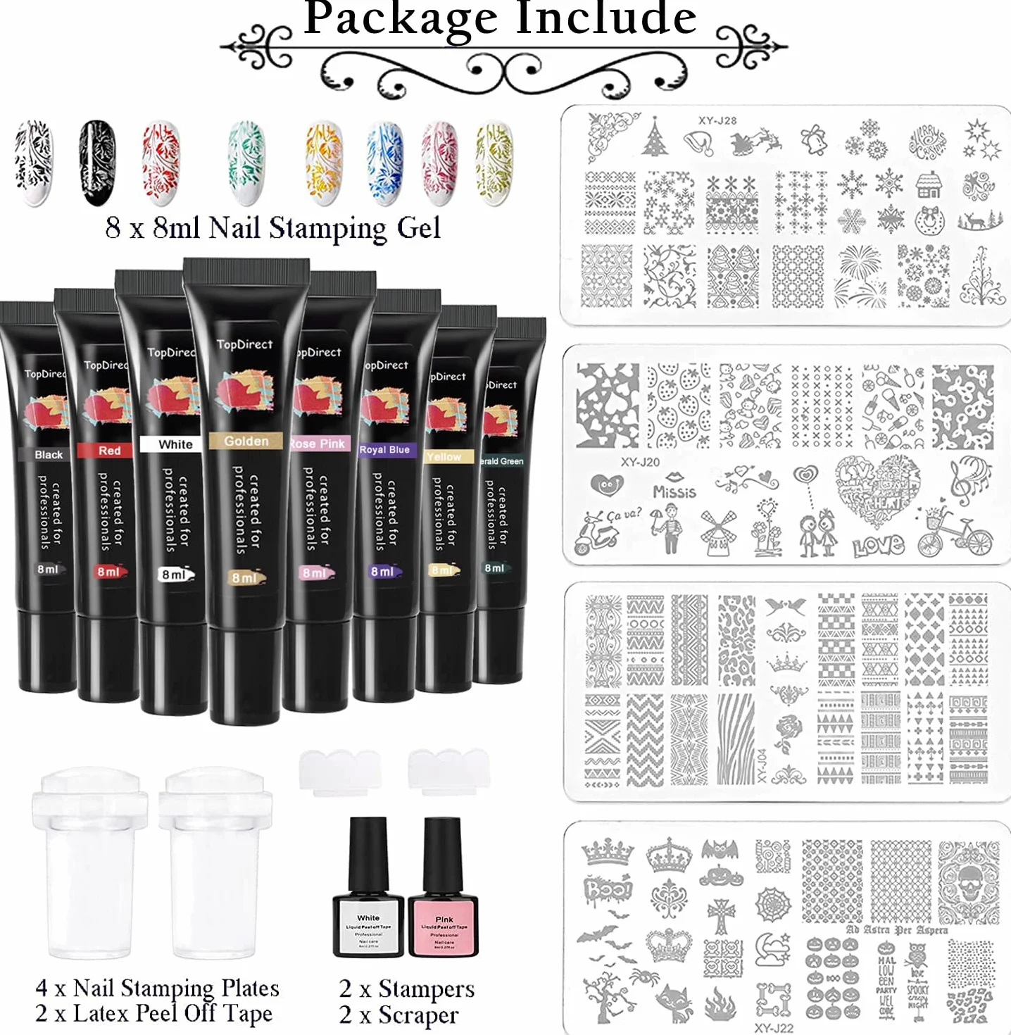 TopDirect 8ml Nail Stamping Gel Polish 8 Colores 4 Placas Estampacion Uñas Manicura Set