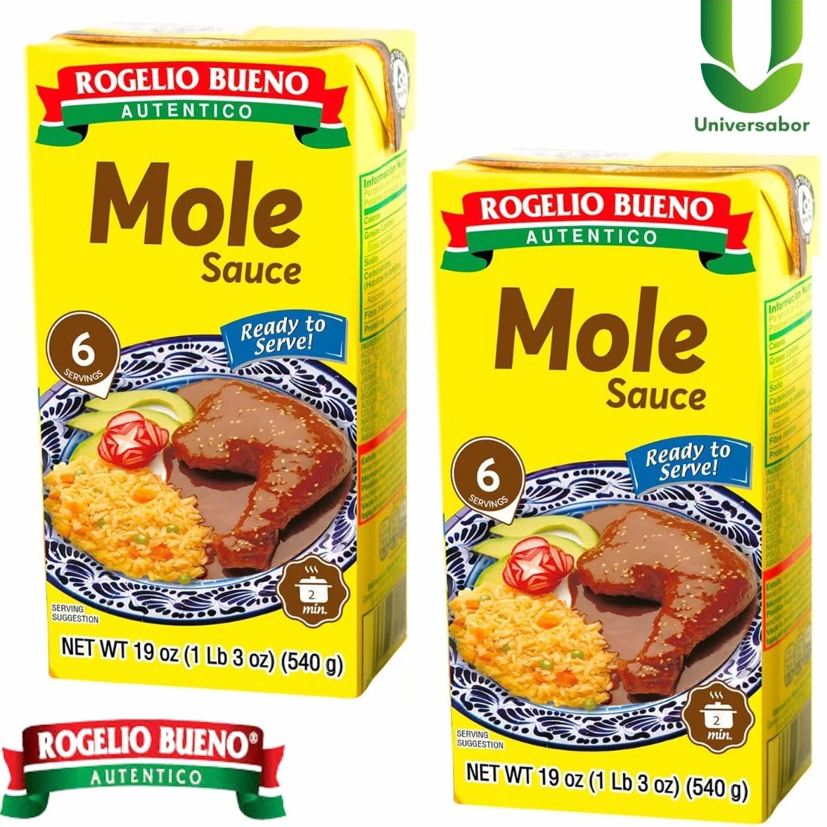 Pack de 2 Moles Listo para Servir Rogelio Bueno 540 g c/u Empaque Brick Sabor Tradicional Mexicano